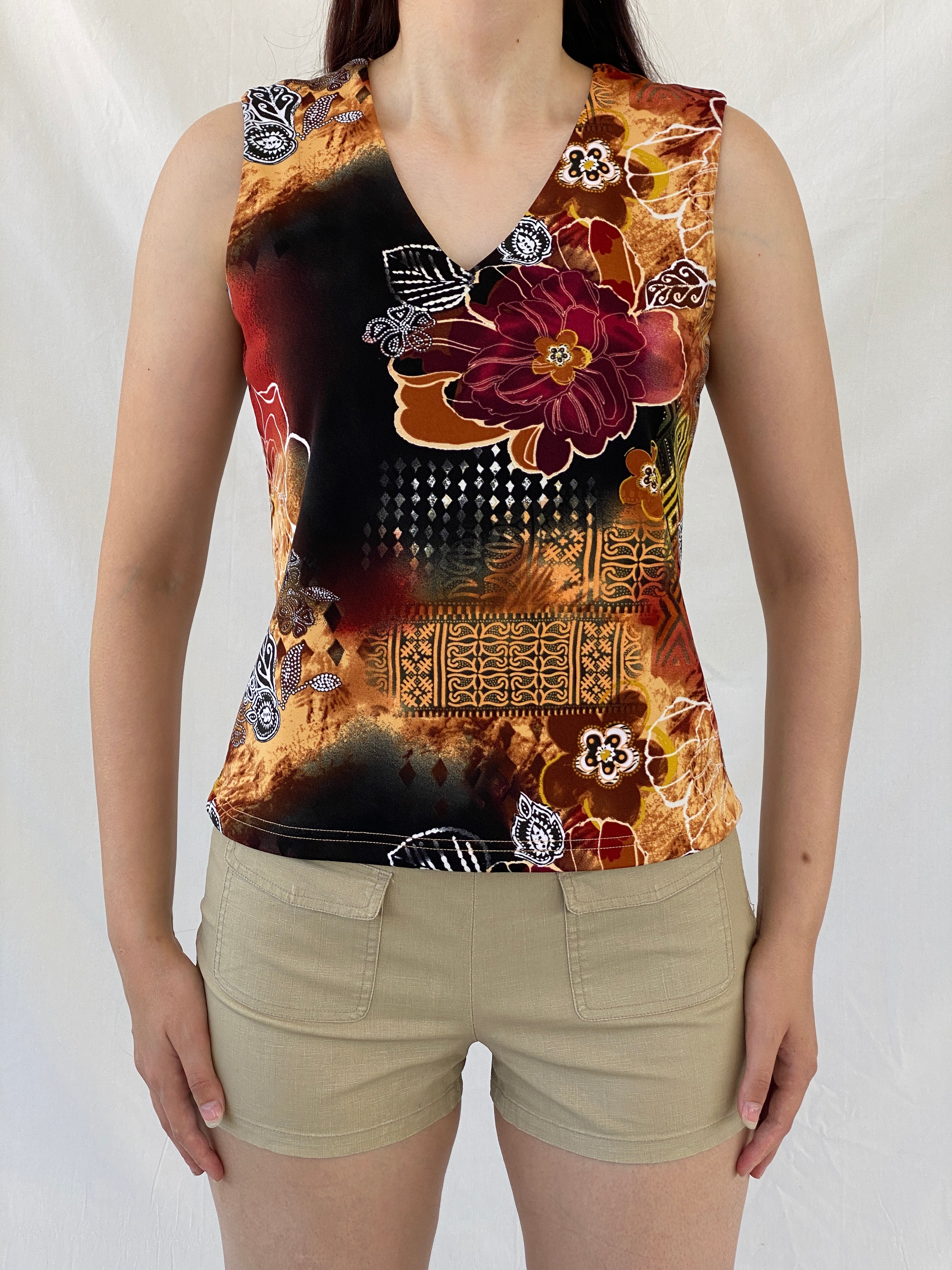 00s Y2K Biaggini Floral V-Neck Sleeveless Top - L