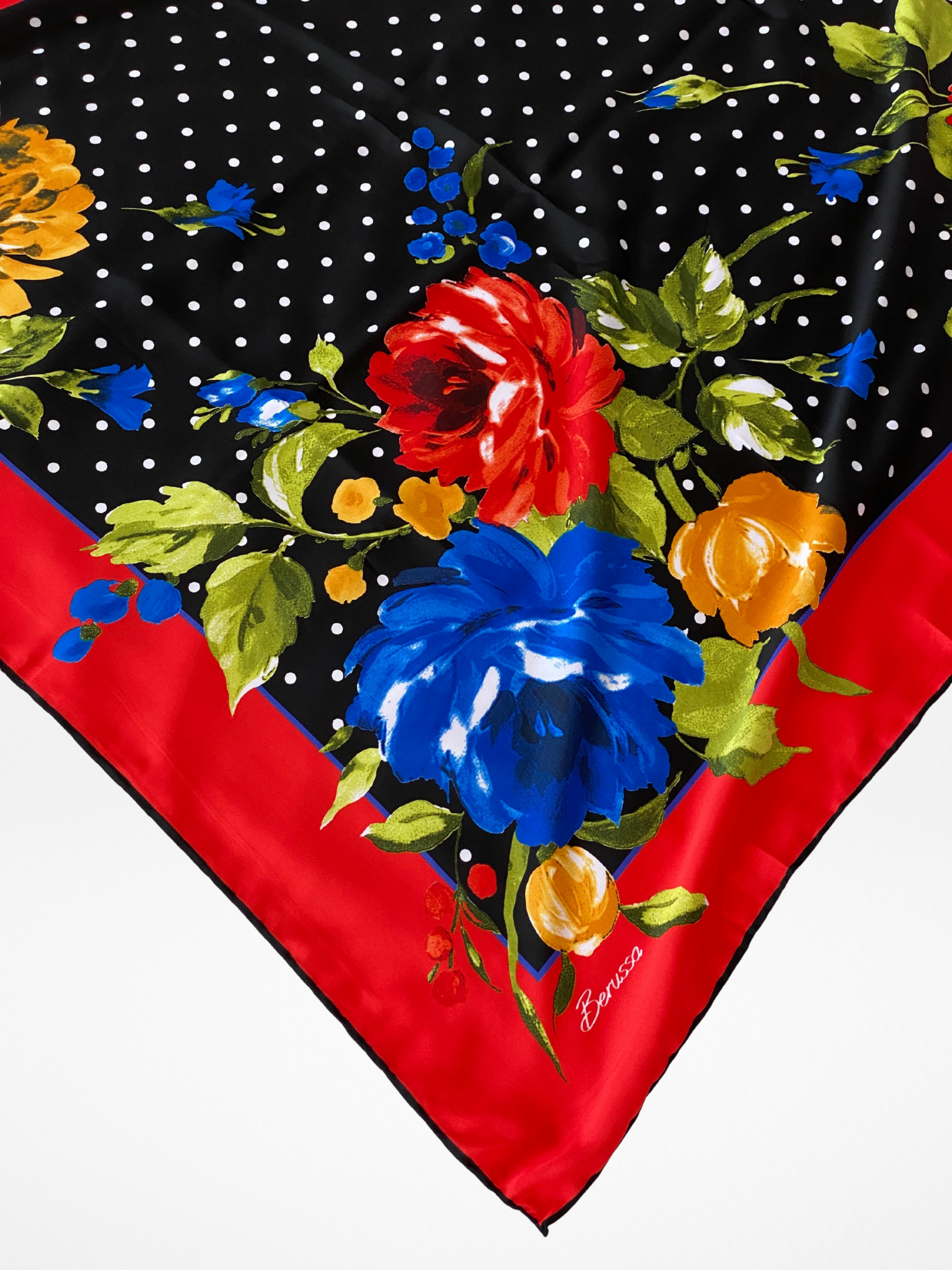 Vintage Berussa Red Polka Dot Black White Floral Satin Scarf