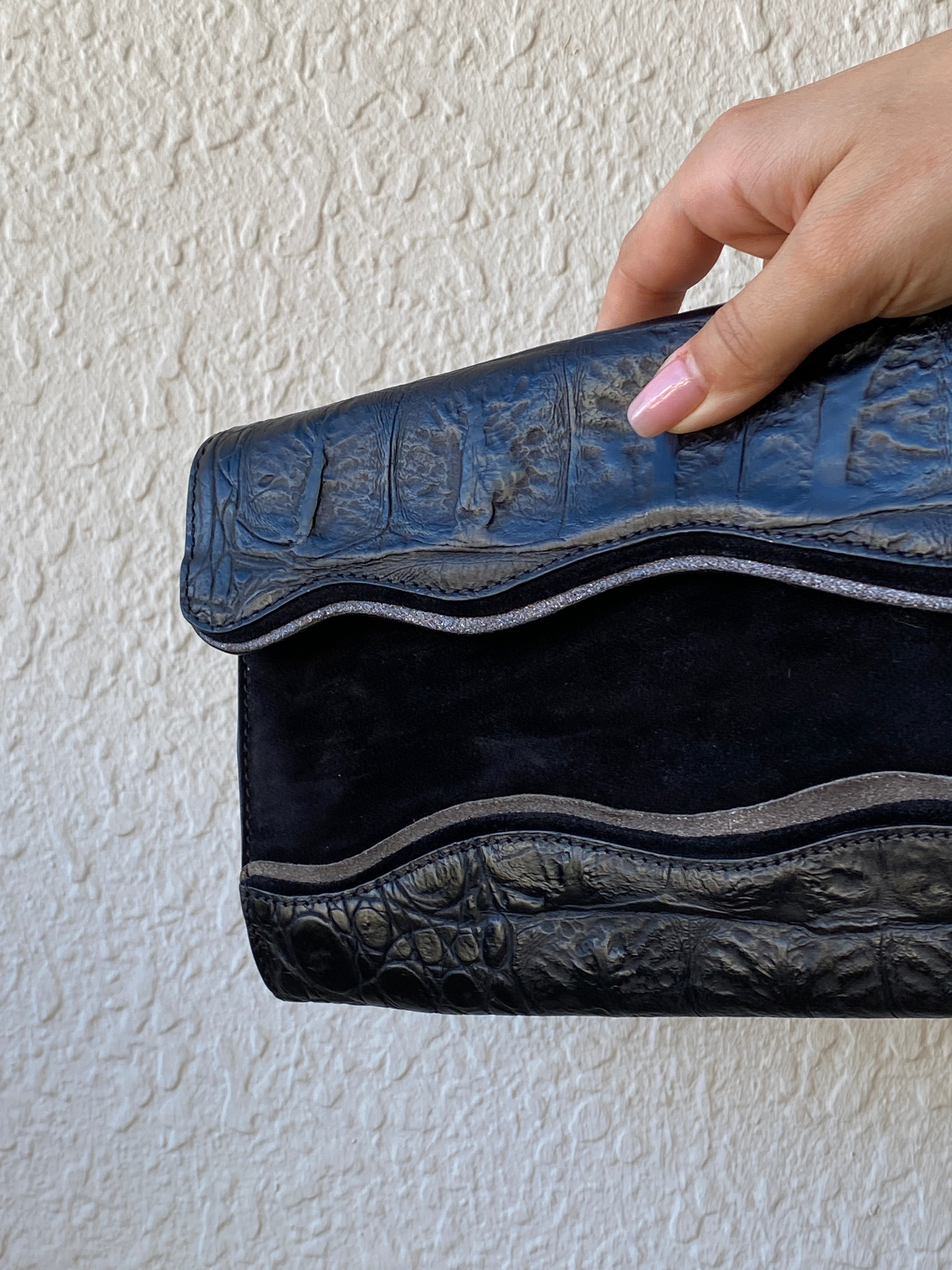 Sondra Roberts Black Crocodile Embossed Leather Evening Clutch