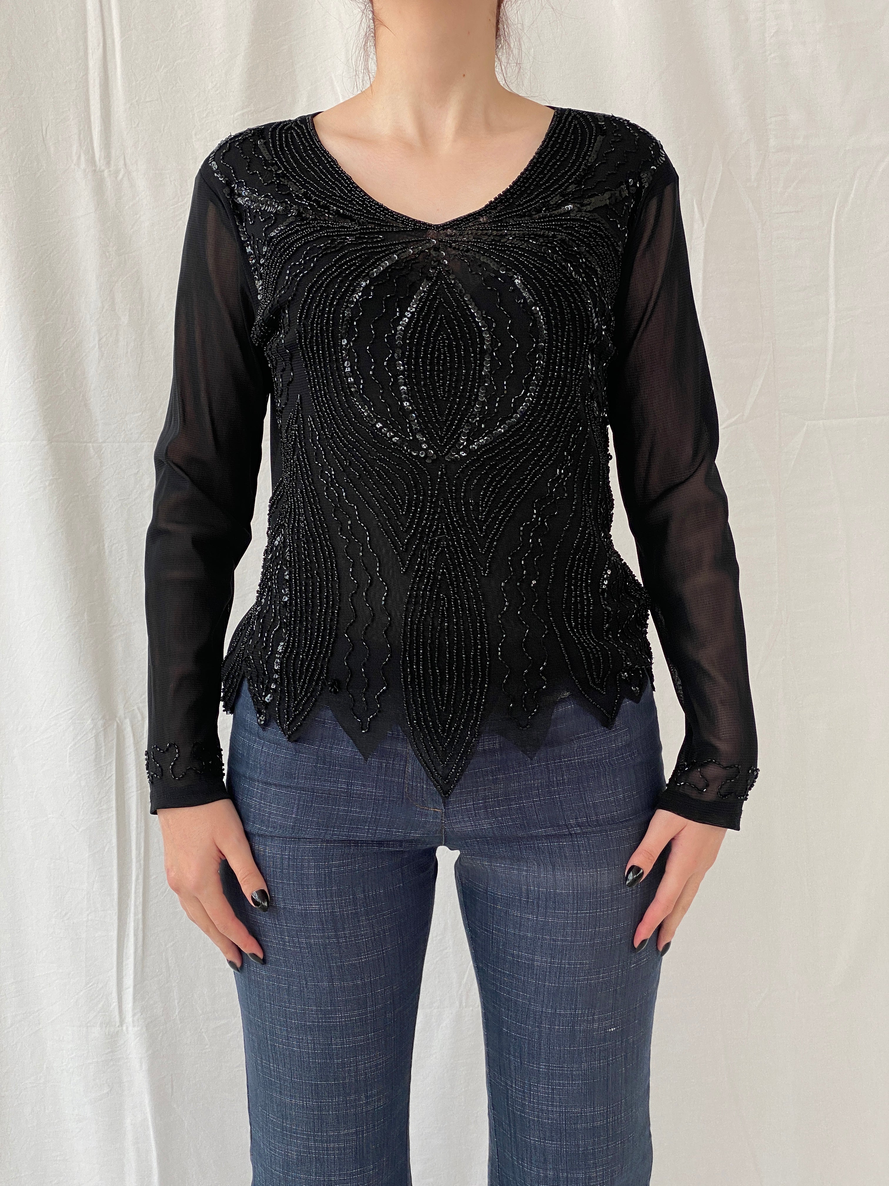 Y2K Black Sequin Chiffon Semi Sheer Dressy Black Women’s Top - M