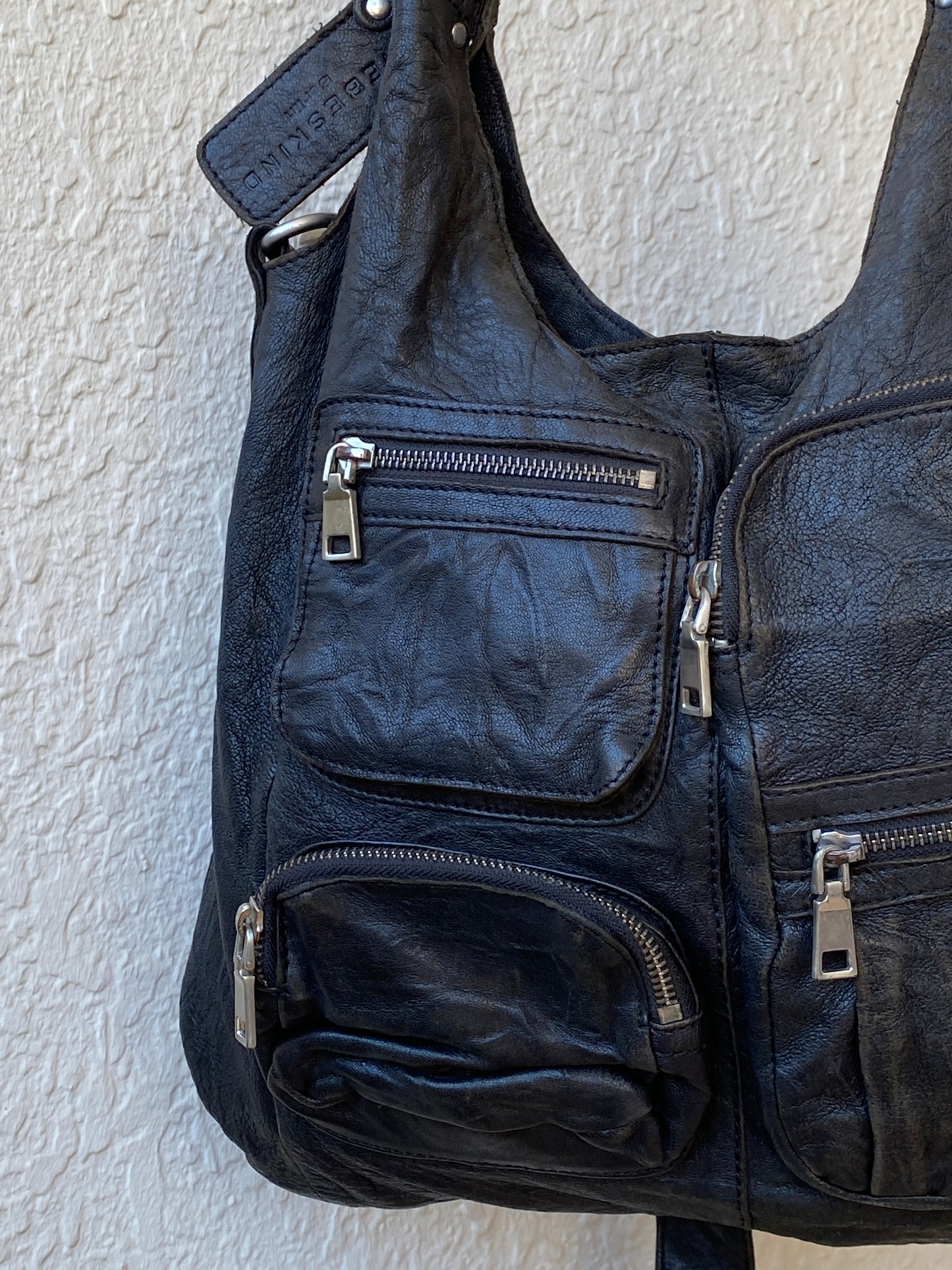 Liebeskind Berlin Distressed Black Leather Multi-Pocket Hobo Bag