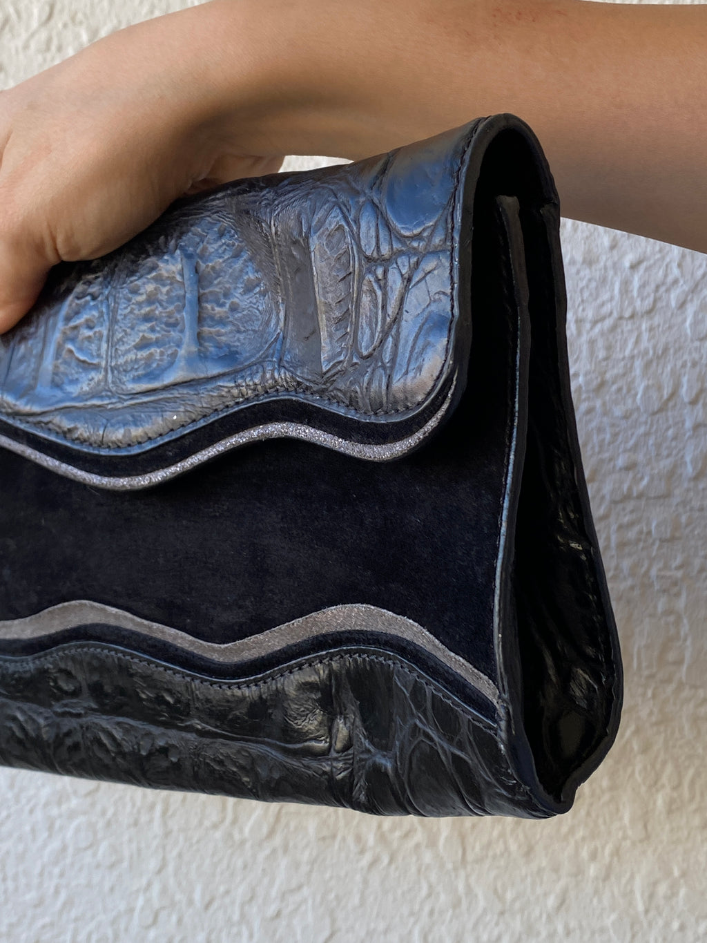 Sondra Roberts Black Crocodile Embossed Leather Evening Clutch