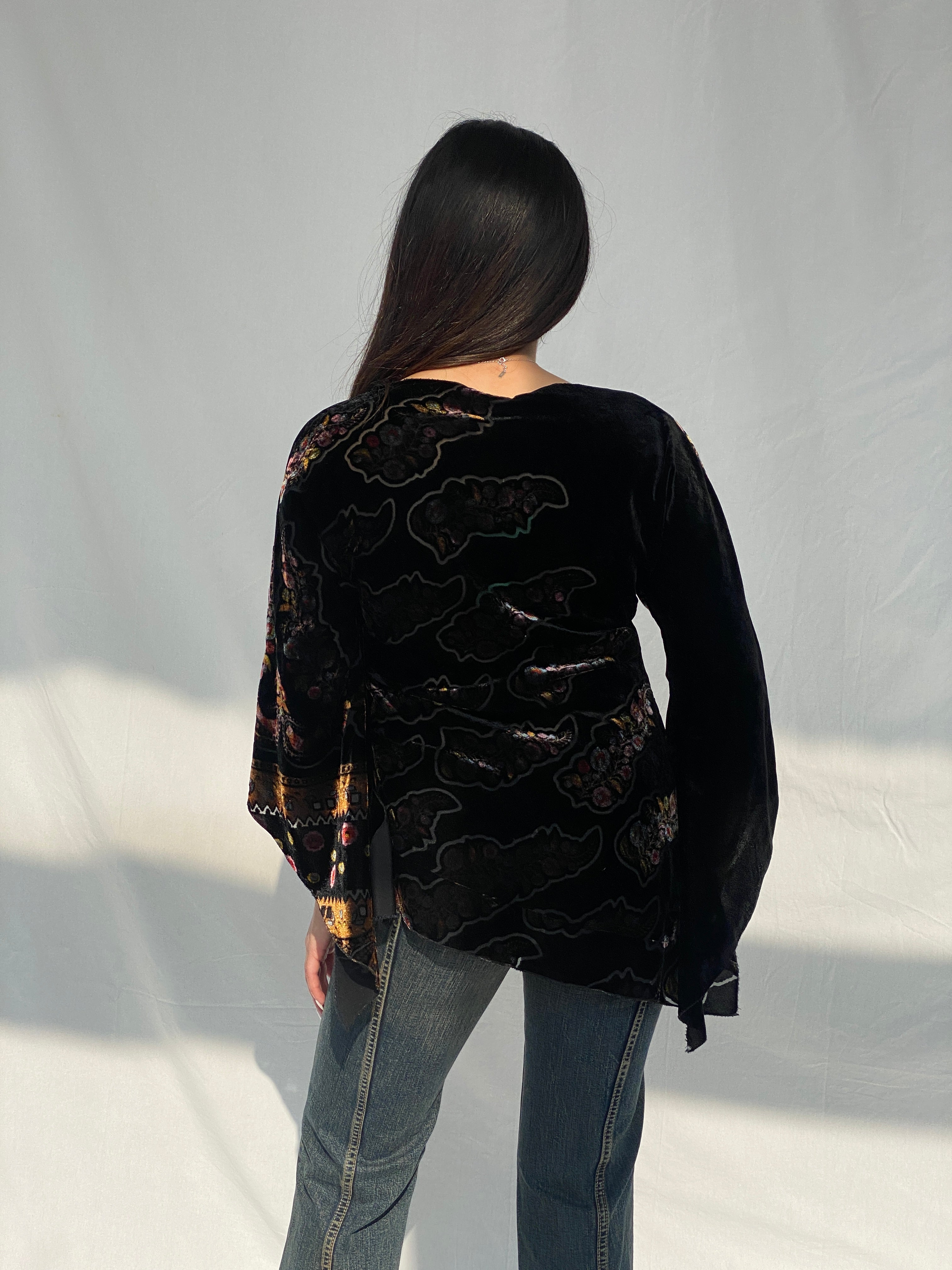 Y2K Velvet Sheer Black Bell Sleeve Top - M