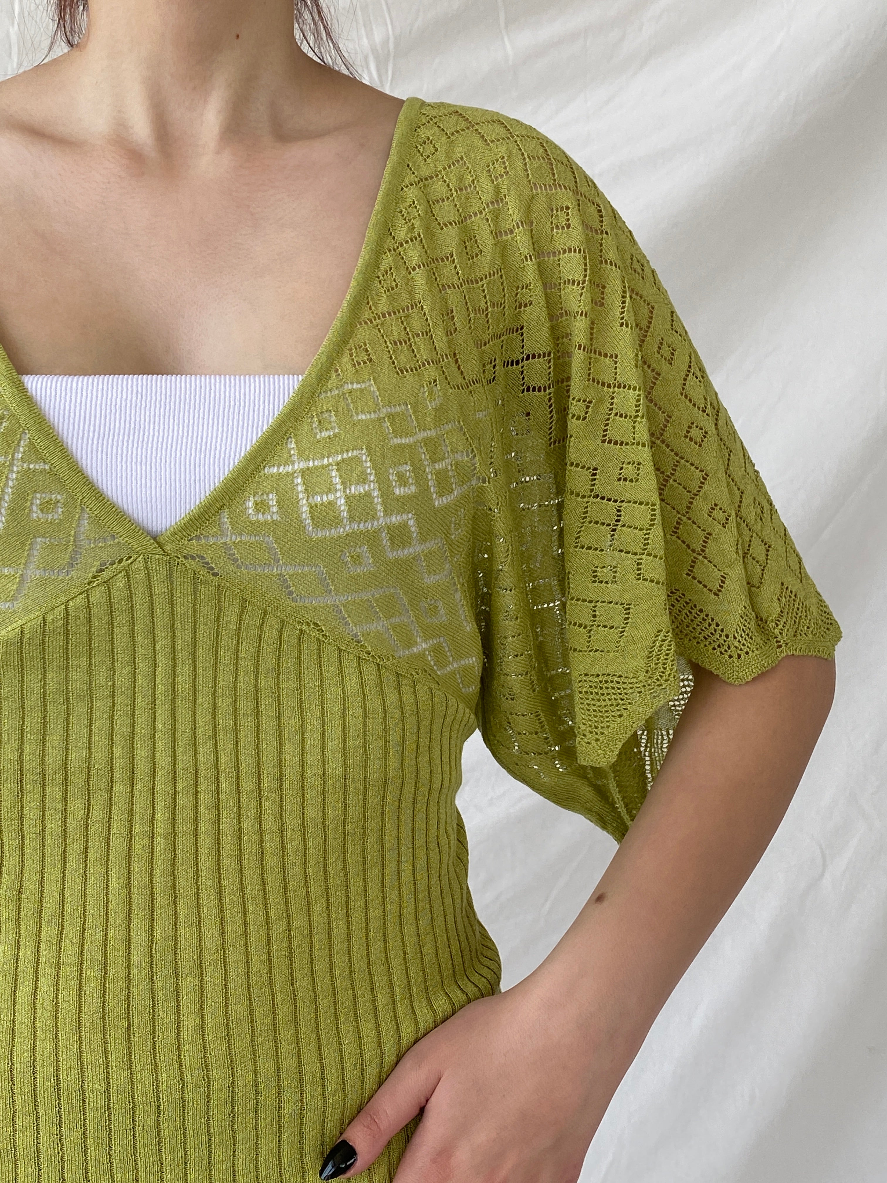 Y2K C.C.S Sarar Knitted See Through Green V-Neck Blouse - L