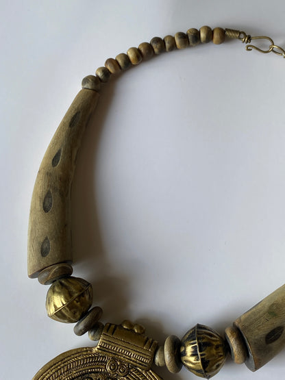Vintage Boho Ethnic Wood Brass Statement Necklace
