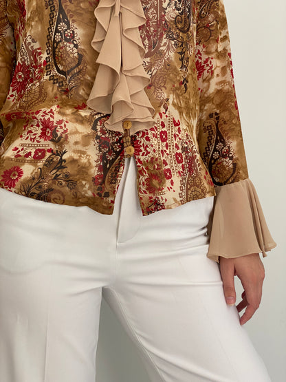 Vintage Y2K Yazen Beige Brown Paisley Floral Ruffle Bell Sleeve Blouse - M