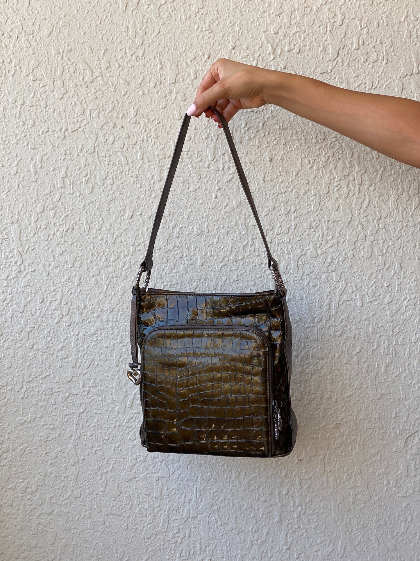 Vintage Brighton Olive Brown Croc Embossed Patent Shoulder Bag