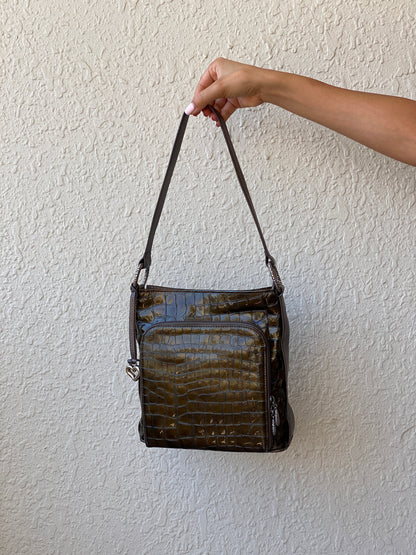 Vintage Brighton Olive Brown Croc Embossed Patent Shoulder Bag