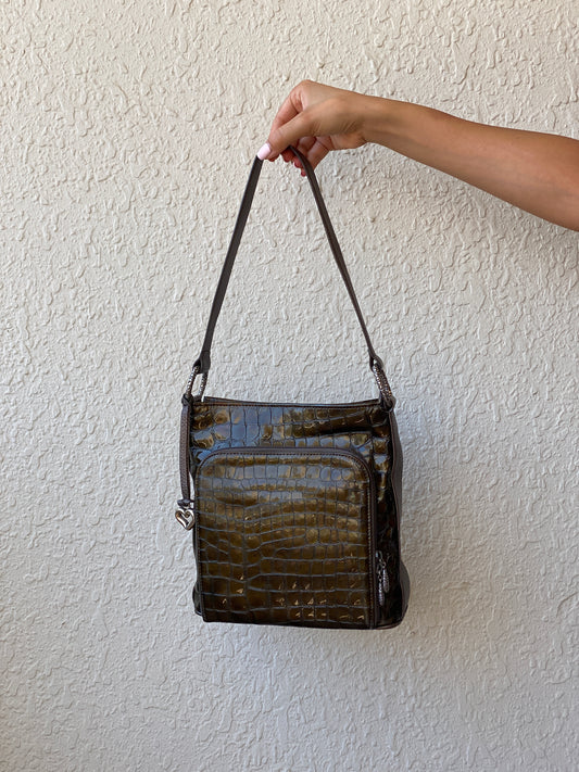 Vintage Brighton Olive Brown Croc Embossed Patent Shoulder Bag