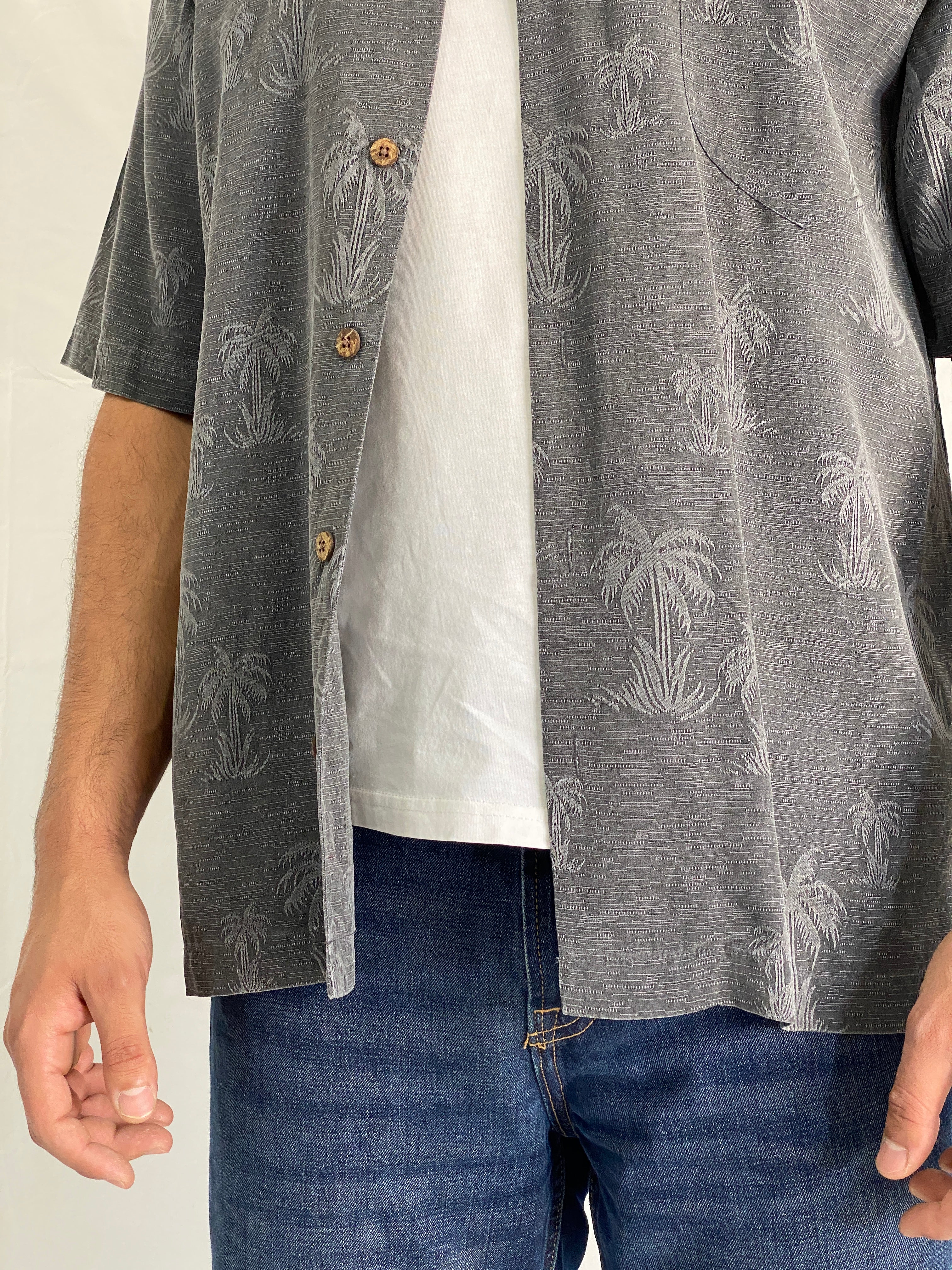 Tommy Bahama Charcoal Palm Tree Silk Men’s Button-Up Short Sleeve Shirt - M