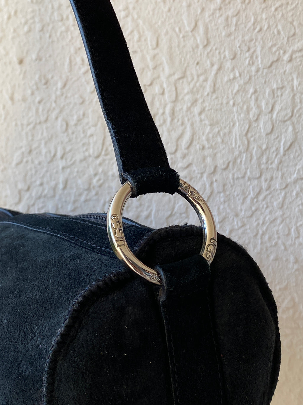 UGG Australia Black Suede Barrel Shoulder Bag Shearling Fur Lined Purse