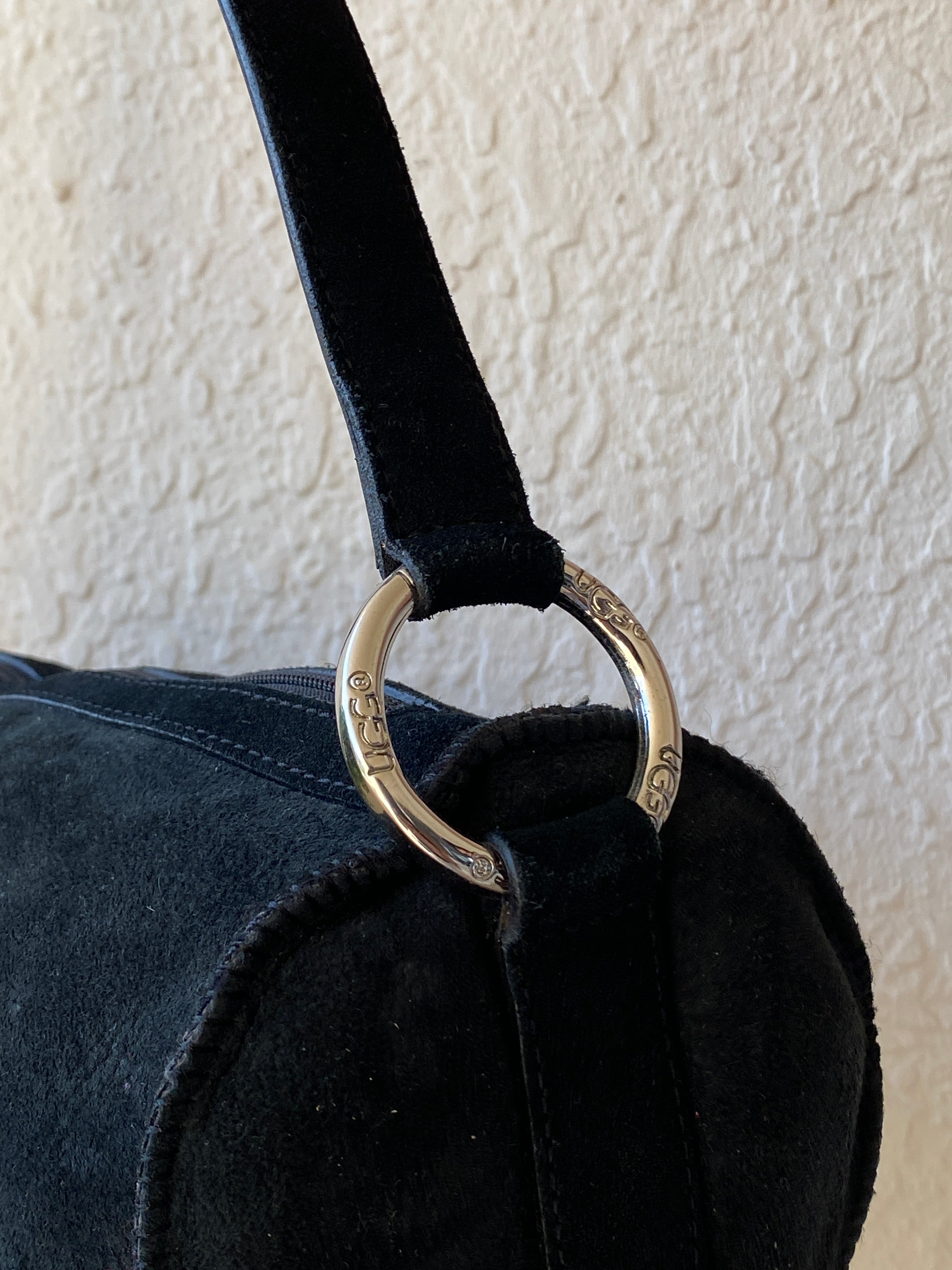 UGG Australia Black Suede Barrel Shoulder Bag Shearling Fur Lined Purse