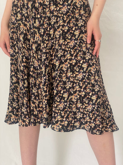 Vintage 90s Petite Sophisticate Black Floral Midi Dress with Tie Back - S