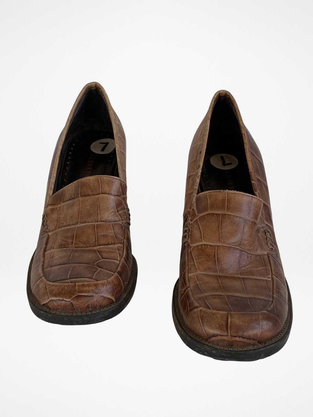 Vintage Kenneth Cole Made in Italy Genuine Leather Croc-Embossed Brown Heeled Loafers - Size 37.5EU