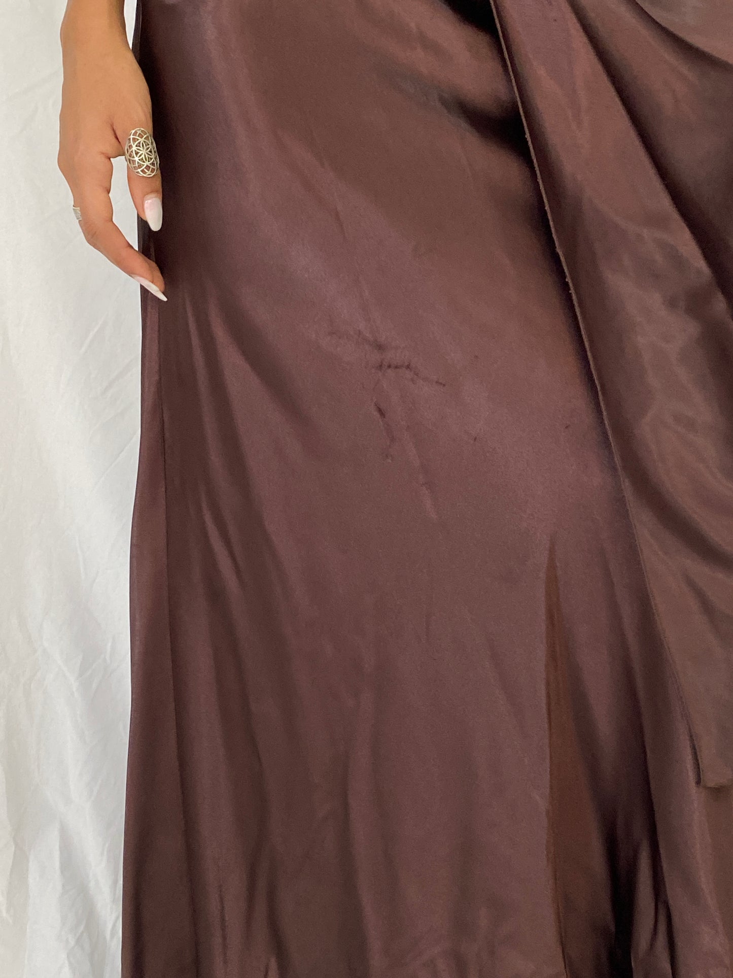 Vintage Y2K Alyce Designs Brown Satin Beaded Lace Cutout Formal Maxi Dress - XS