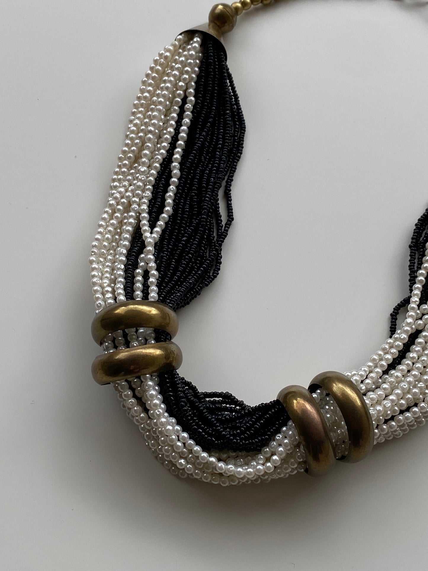 Vintage 90s Black & White Multi-Strand Faux Pearl Torsade Necklace with Brass Hardware