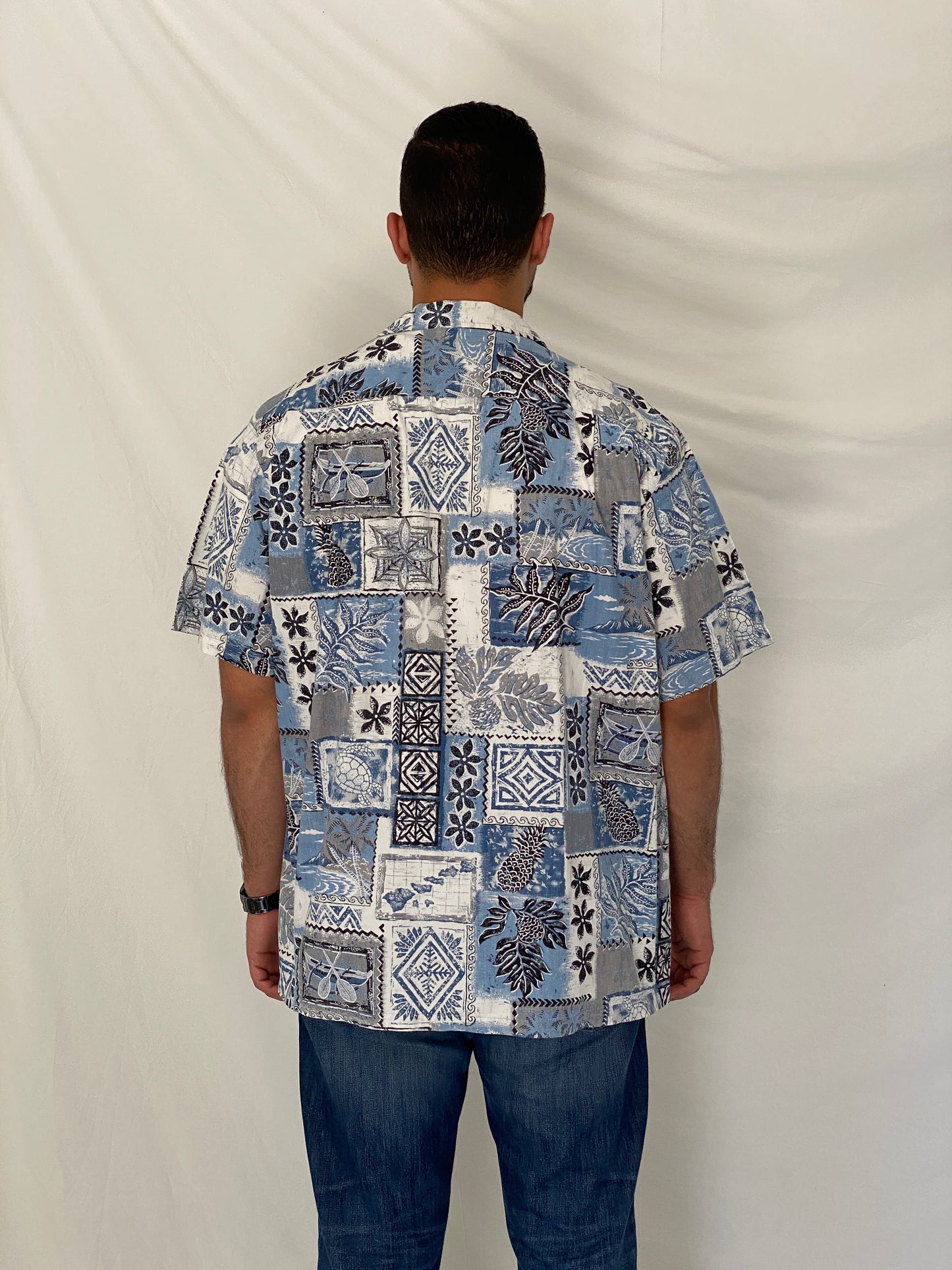 Vintage 90s RJC Blue Tropical Patchwork Hawaiian Camp Shirt - 2XL