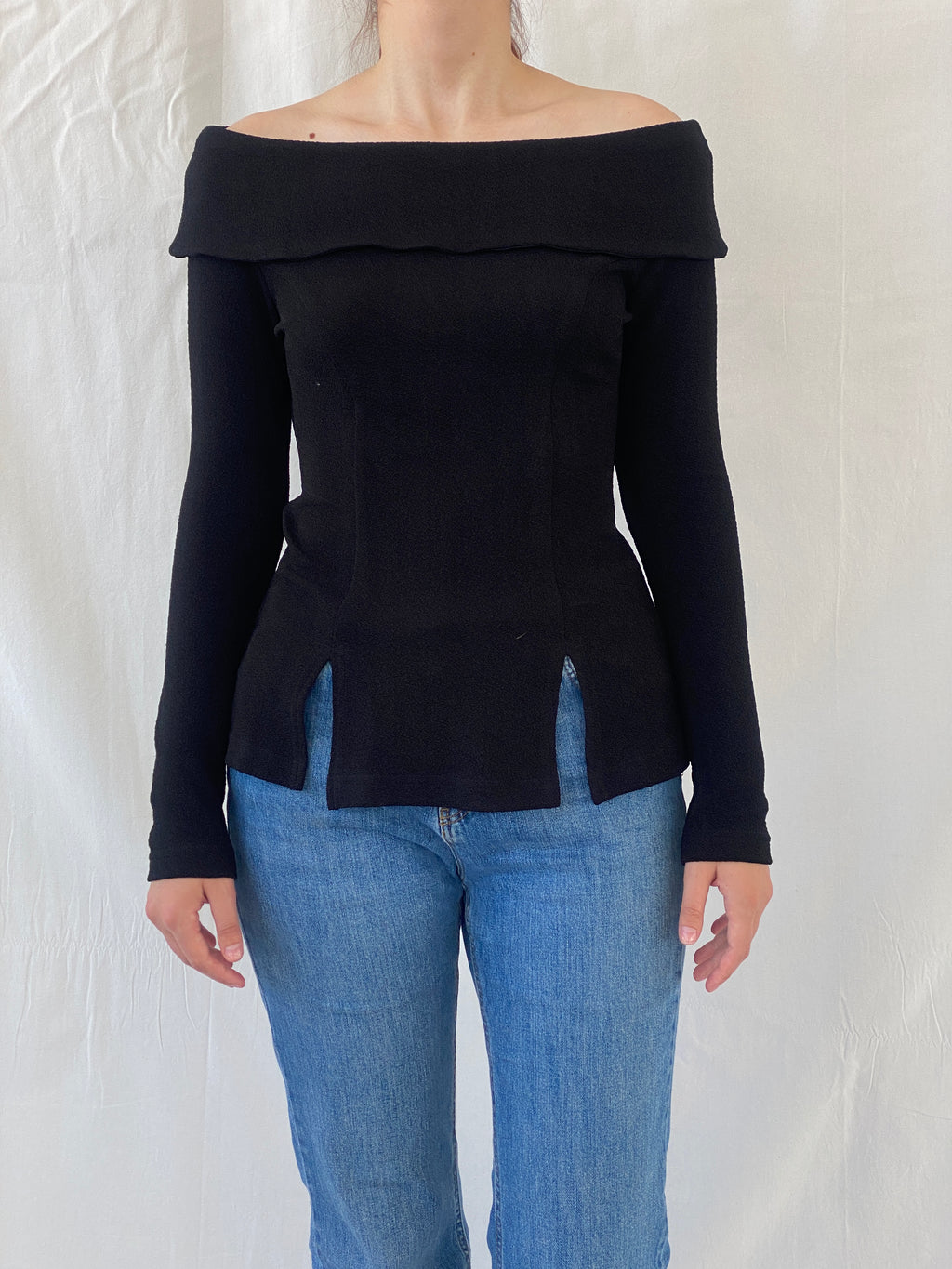 Vintage Nicole Studio Black Long Sleeve Off-Shoulder Top - M