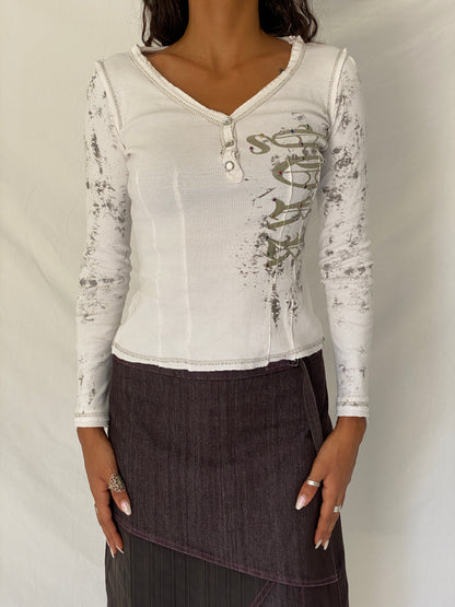 Y2K Holly Collection Rhinestone Graphic White Long Sleeve Top – S