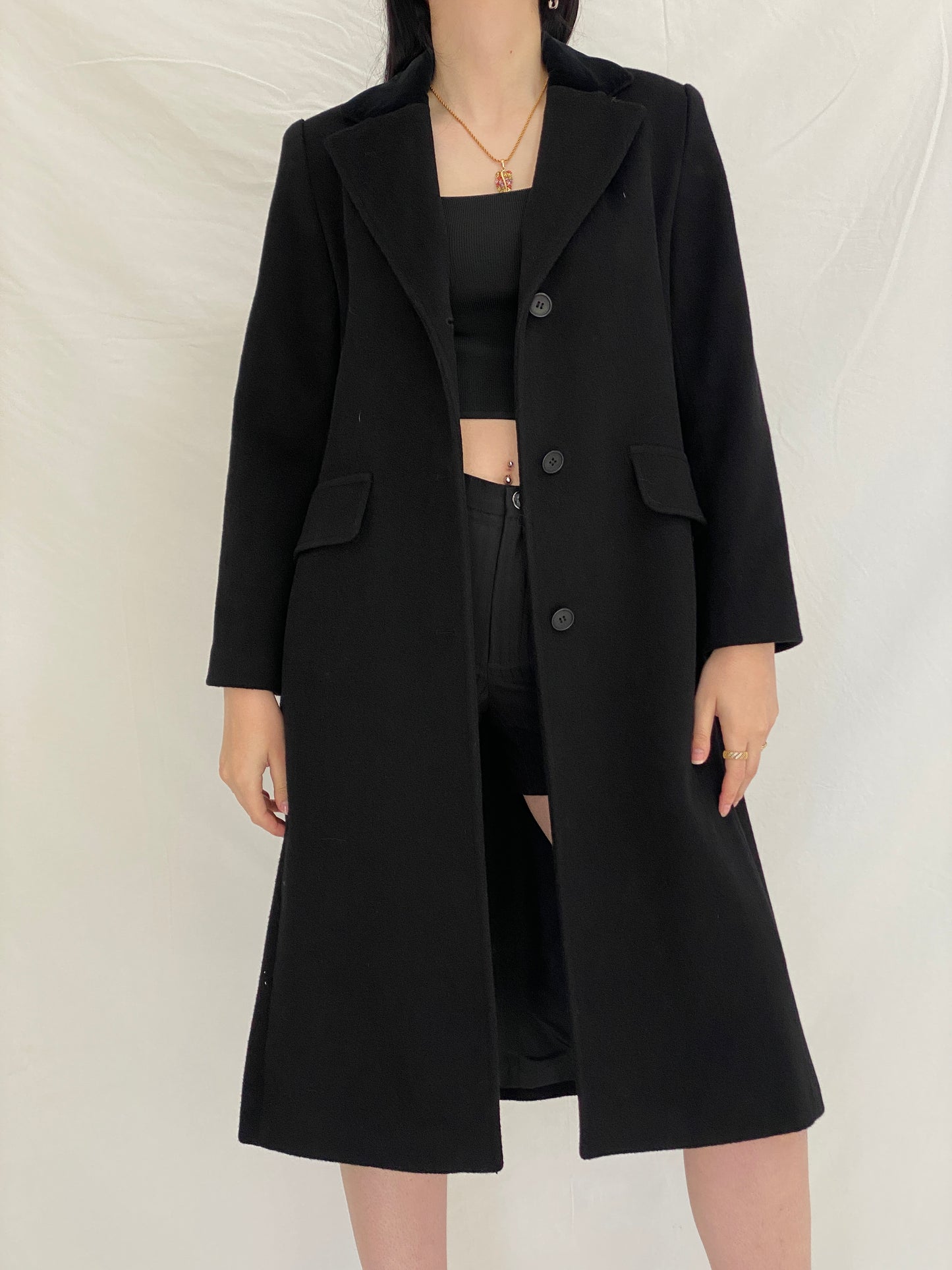 Vintage Albert Nipon Black Wool Classic Tailored Long Coat - S