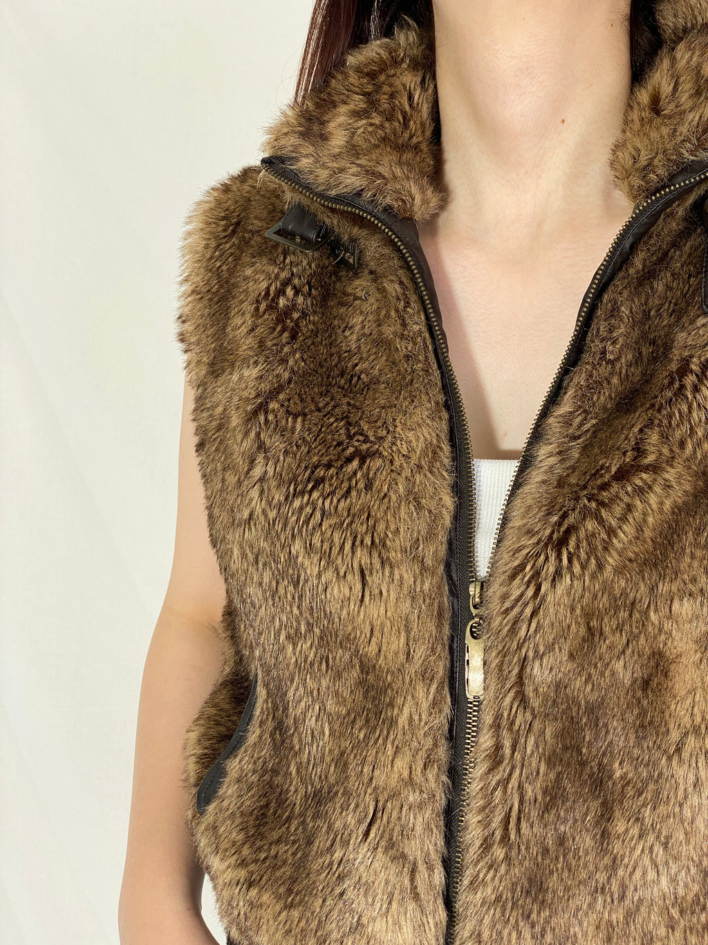 Y2K Mystical Charms Faux Fur Brown Sleeveless Zip Up Vest - M
