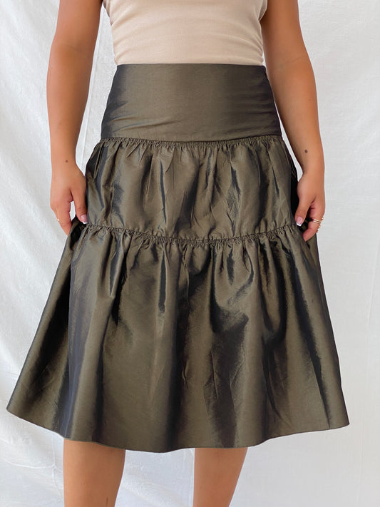 90e Morgan De Toi Metallic Olive Green Tiered Midi Skirt - M