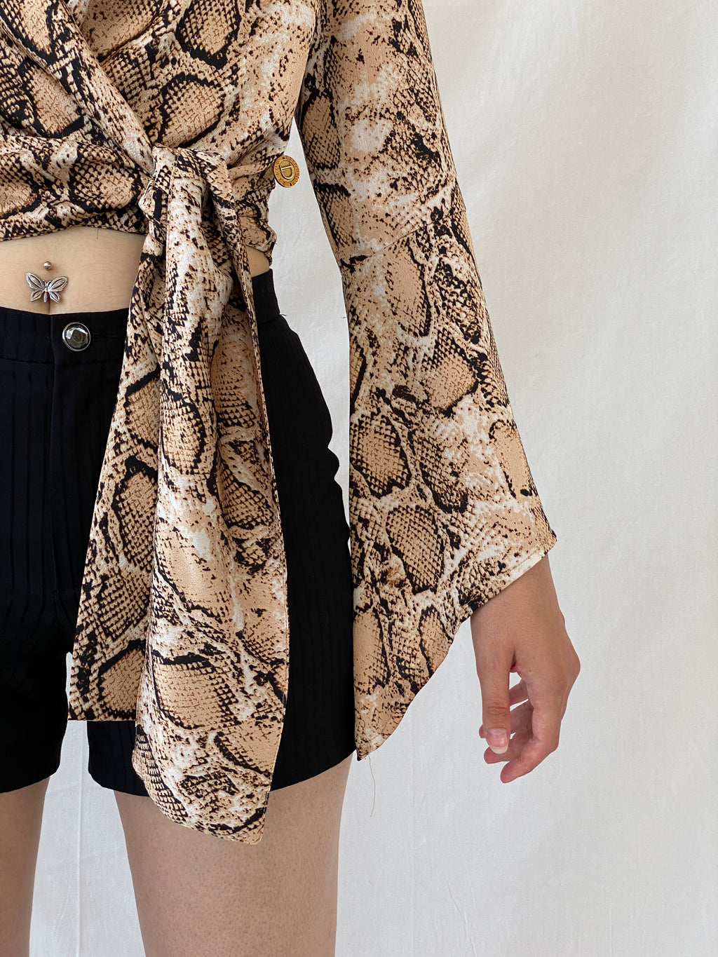Vintage Delousion by Lou Snake Print Brown Beige Bell Sleeve Wrap Crop Top - S