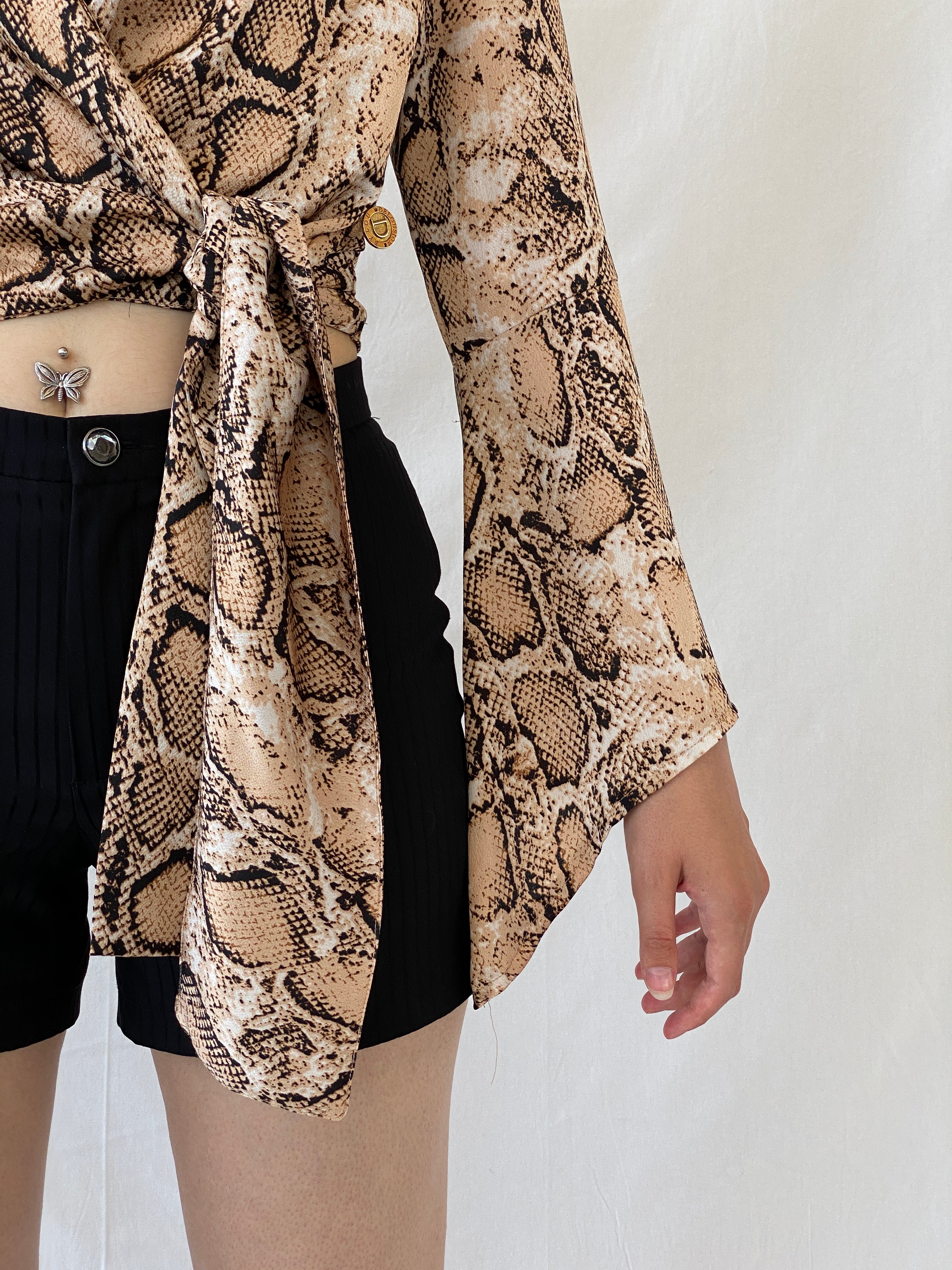 Vintage Delousion by Lou Snake Print Brown Beige Bell Sleeve Wrap Crop Top - S