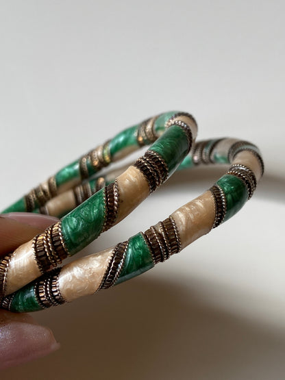 Vintage Green & Ivory Faux Malachite Rigid Bangles with Brass-Tone Detailing