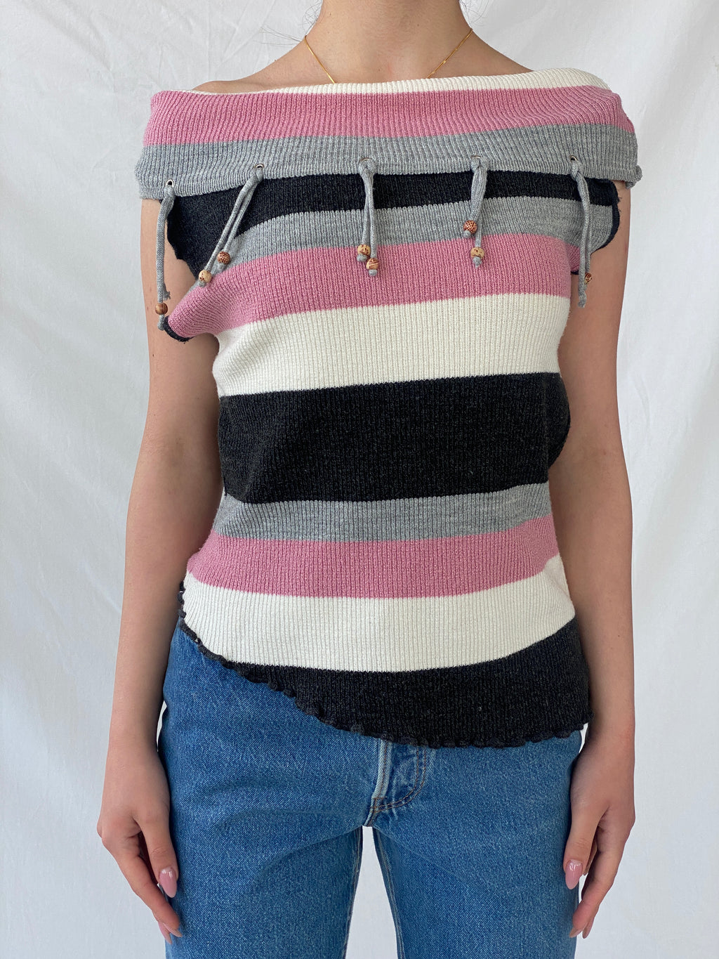 Y2K Pink Striped Asymmetric Off Shoulder Top - M