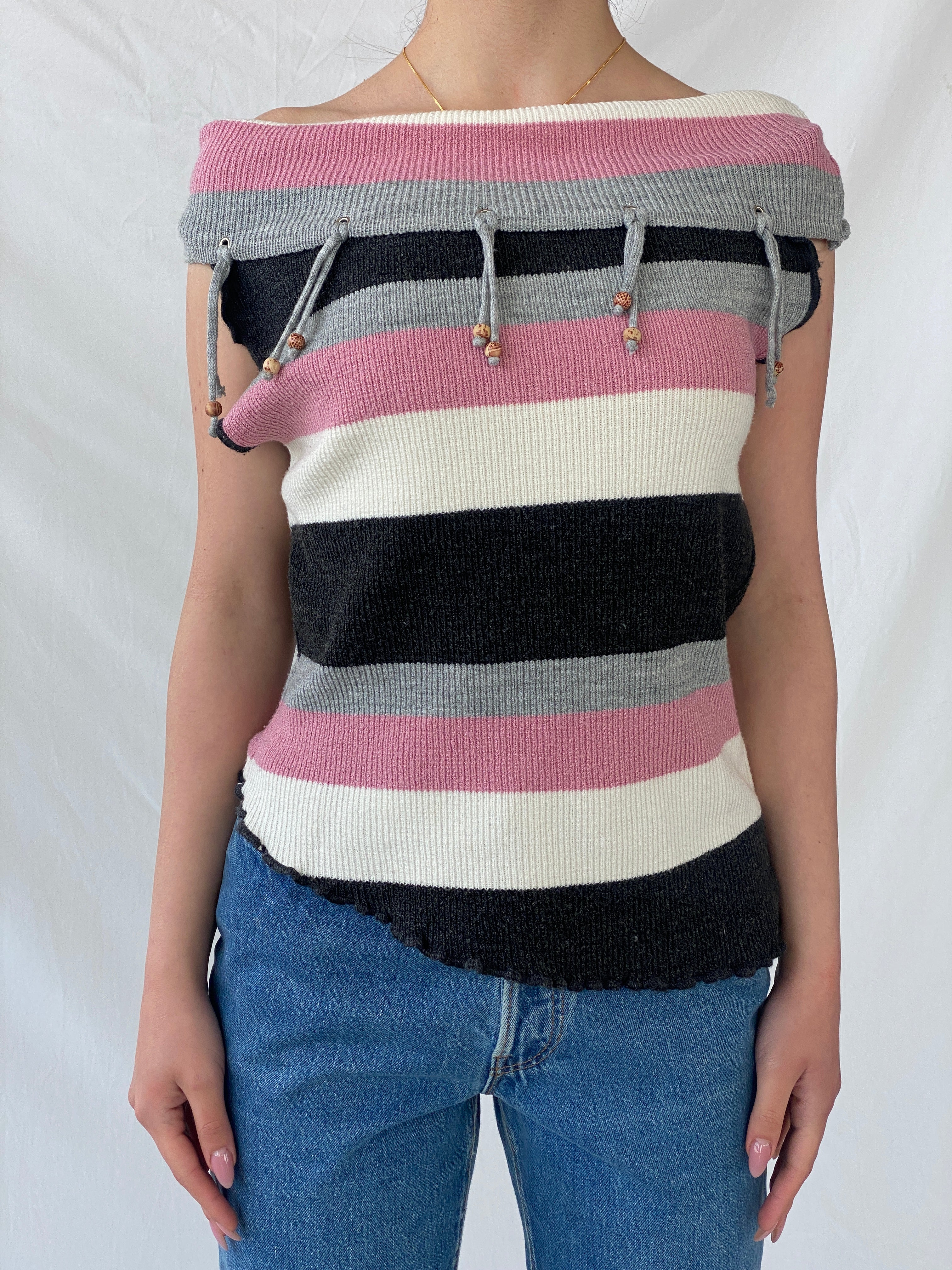 Y2K Pink Striped Asymmetric Off Shoulder Top - M