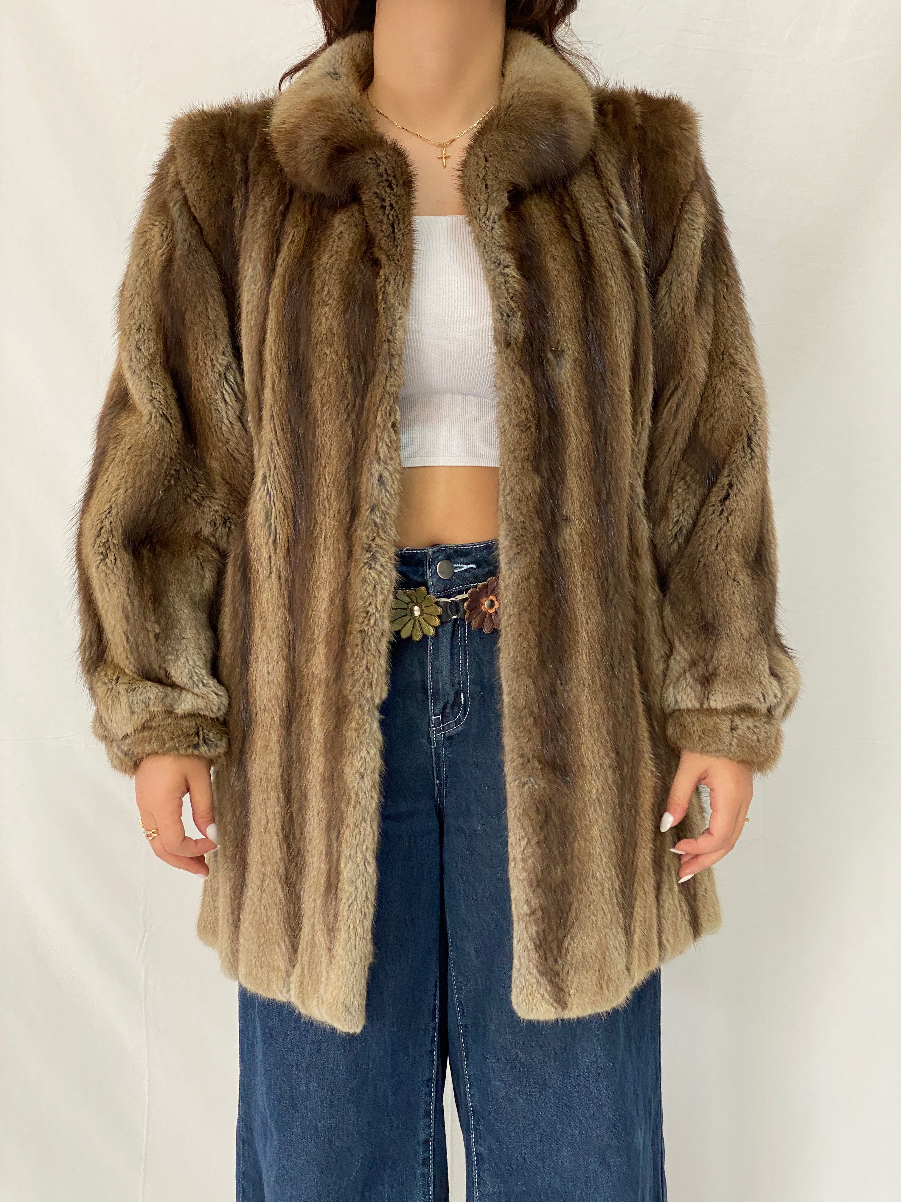 Vintage Natural Brown Mink Fur Coat Classic Mid-Length Luxury Winter Jacket - L