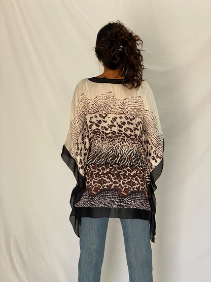 Vintage Y2K Kaelyn-Max Cream & Brown Animal Print Polyester Boho Kaftan Tunic Top - M