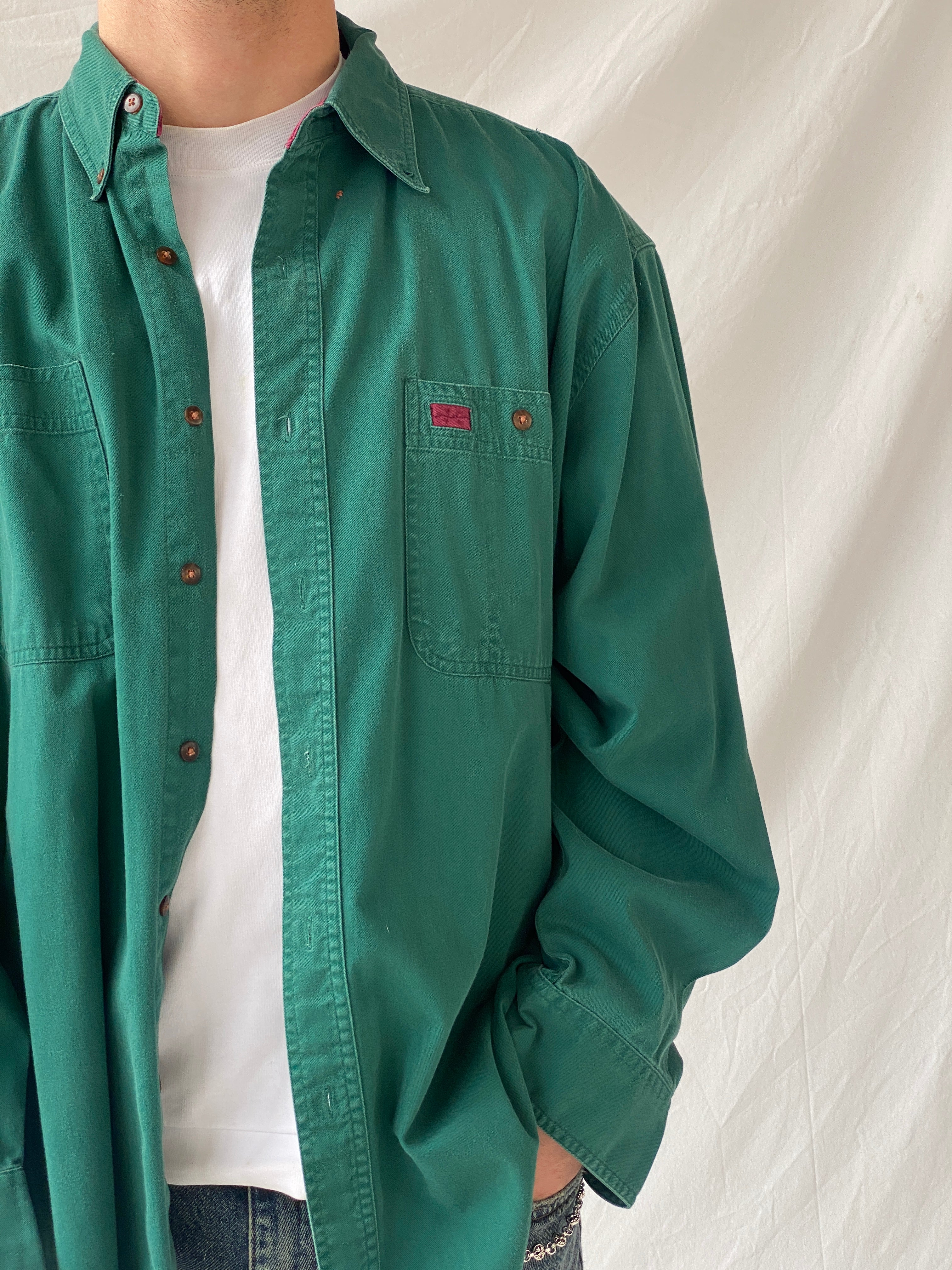 Vintage 90s Great Land Apparel Men’s Green Cotton Long Sleeve Shirt - XL