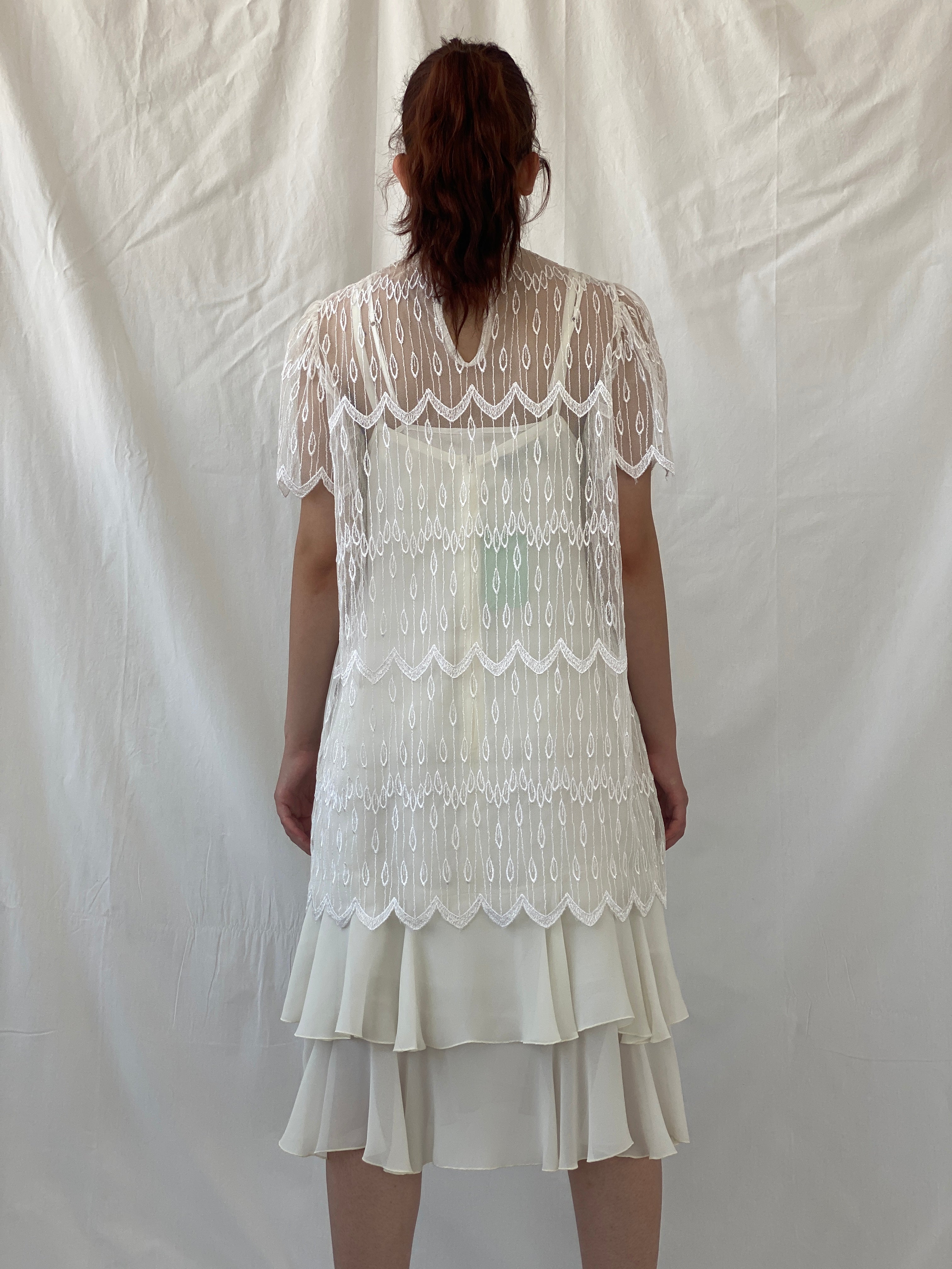 Vintage 70s/80s Gina Bacconi White Lace Gatsby Wedding Dress - XL