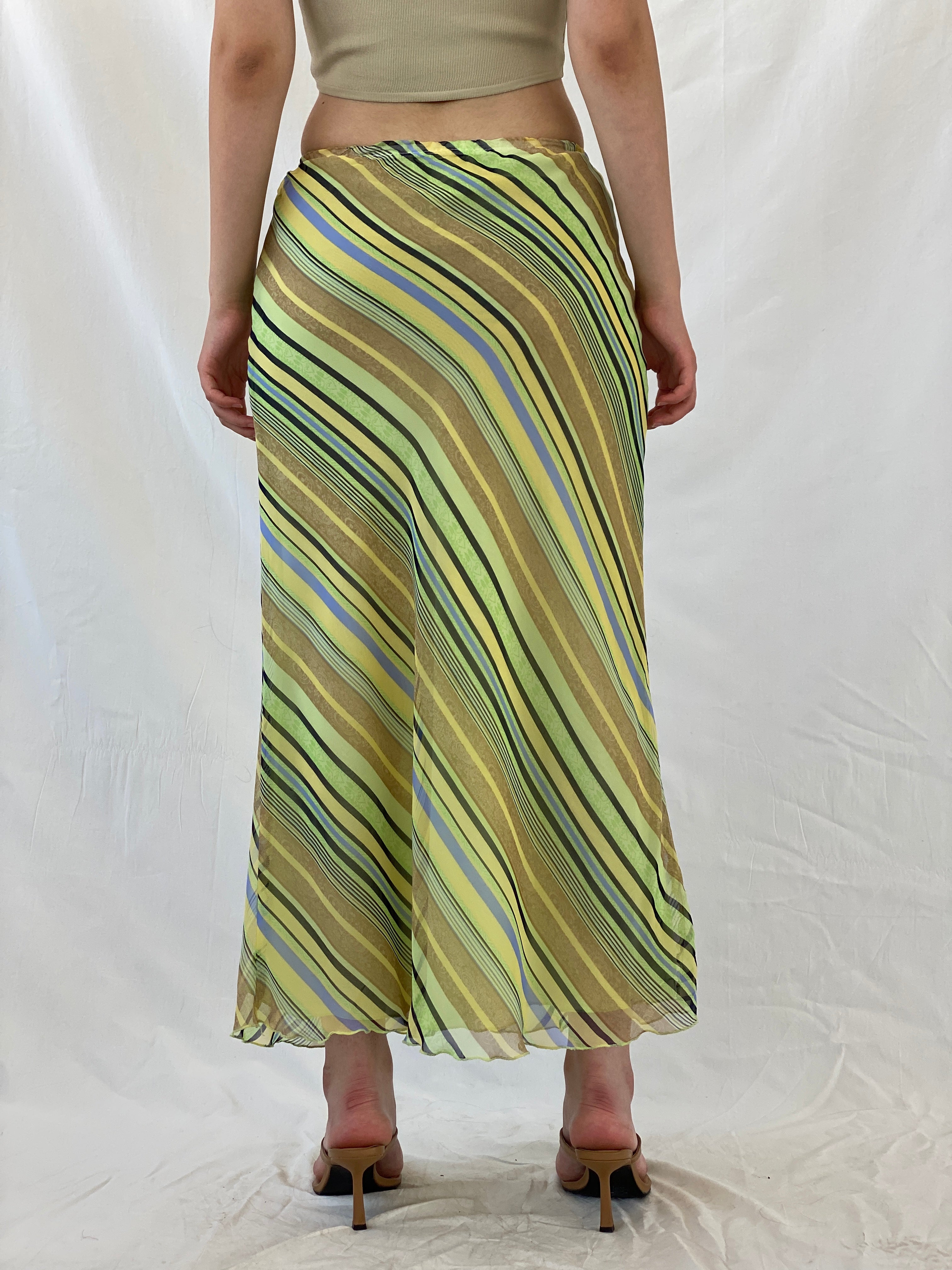 Vintage 90s Giorgio Fiorlini Striped Green Butter Yellow Maxi Skirt - S