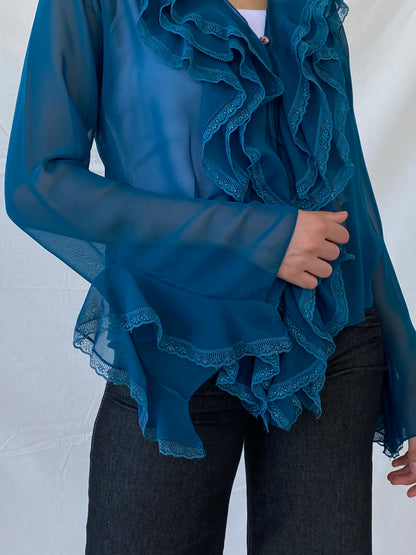 Vintage PORTRE Blue Ruffled Lace Collar Bell Sleeve Blouse - S