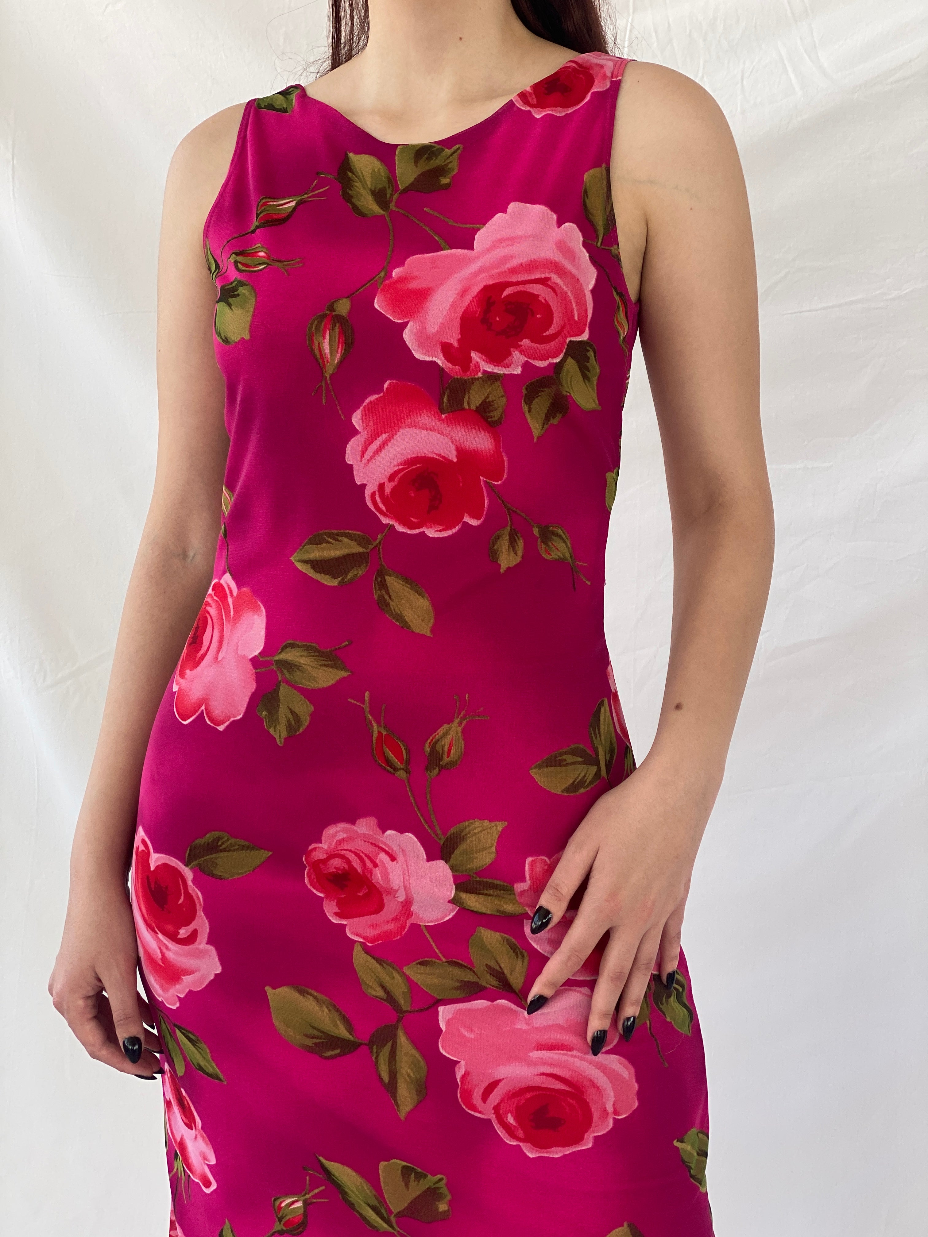 Vintage 90s Tropical Floral Midi Pink Sleeveless Dress - M