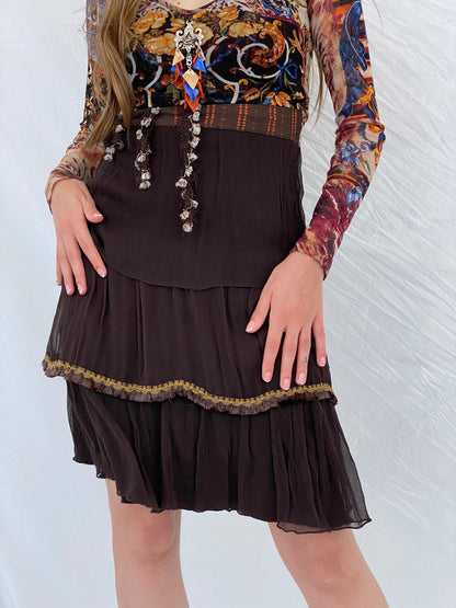 Statement Save The Queen Printed Brown Tulle-Ruffled Midi Dress - M