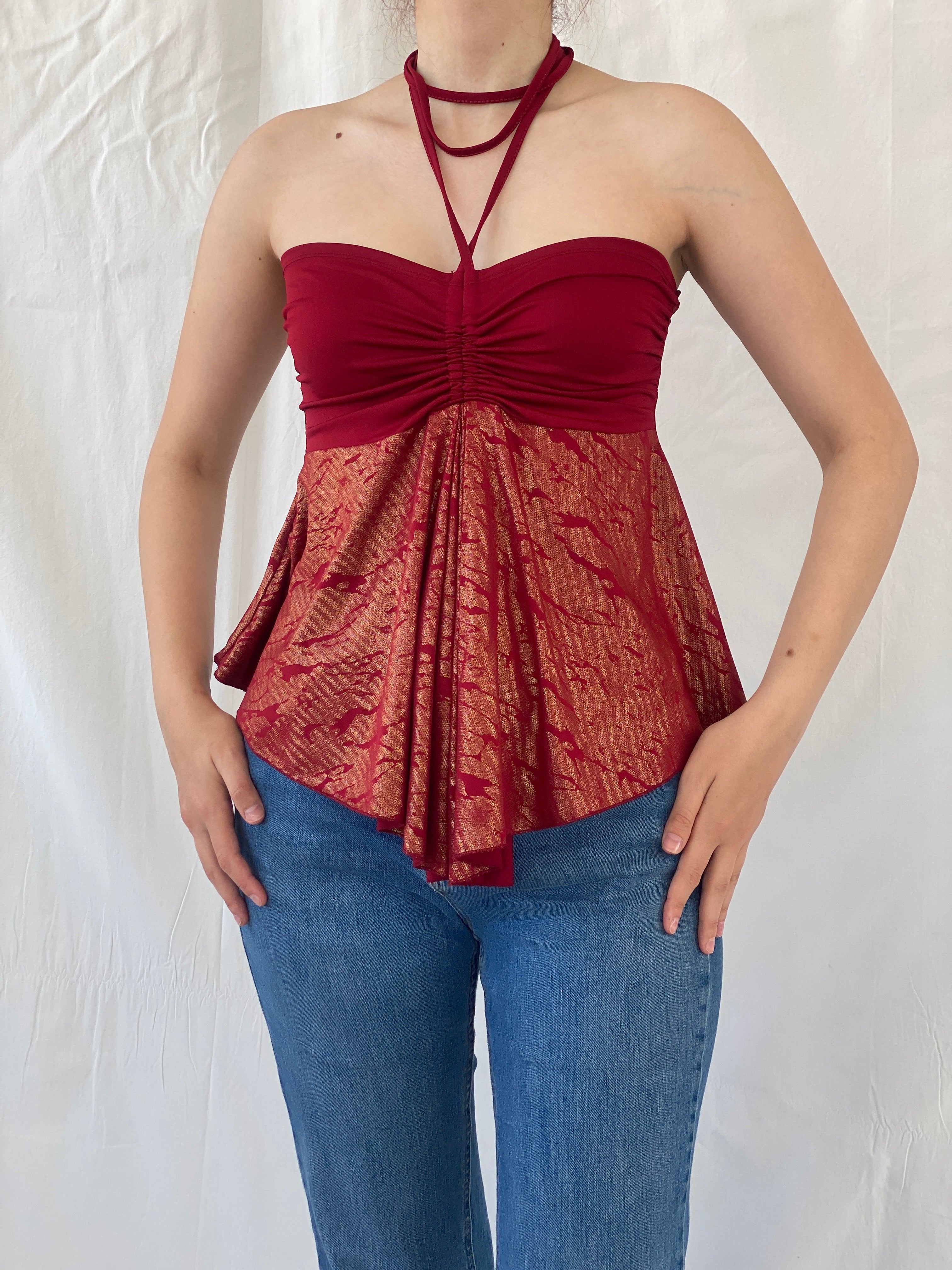 Y2K Red Metallic Gold Fairy Core Halter Top - M