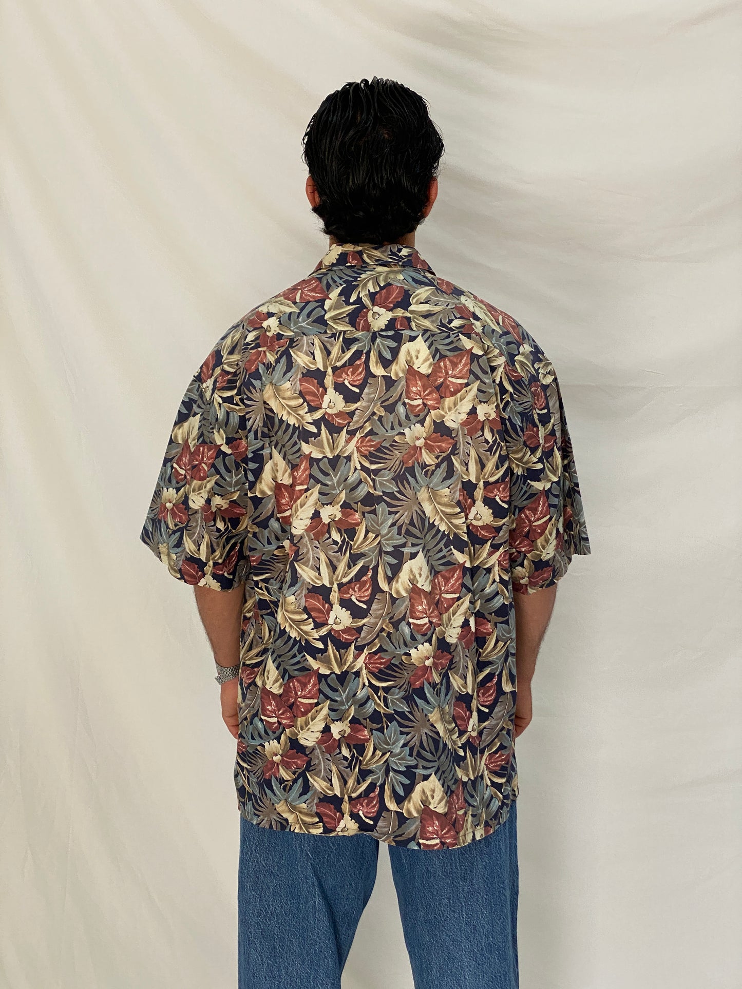 Vintage 90s Campia Moda Tropical Hawaiian Navy Floral Cotton Shirt - XL