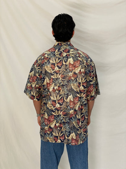 Vintage 90s Campia Moda Tropical Hawaiian Navy Floral Cotton Shirt - XL