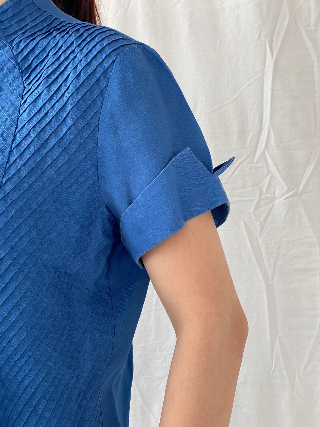 Beautiful Appraisal Blue Ramie Women’s Short Sleeve Buttoned Structured Shirt - L