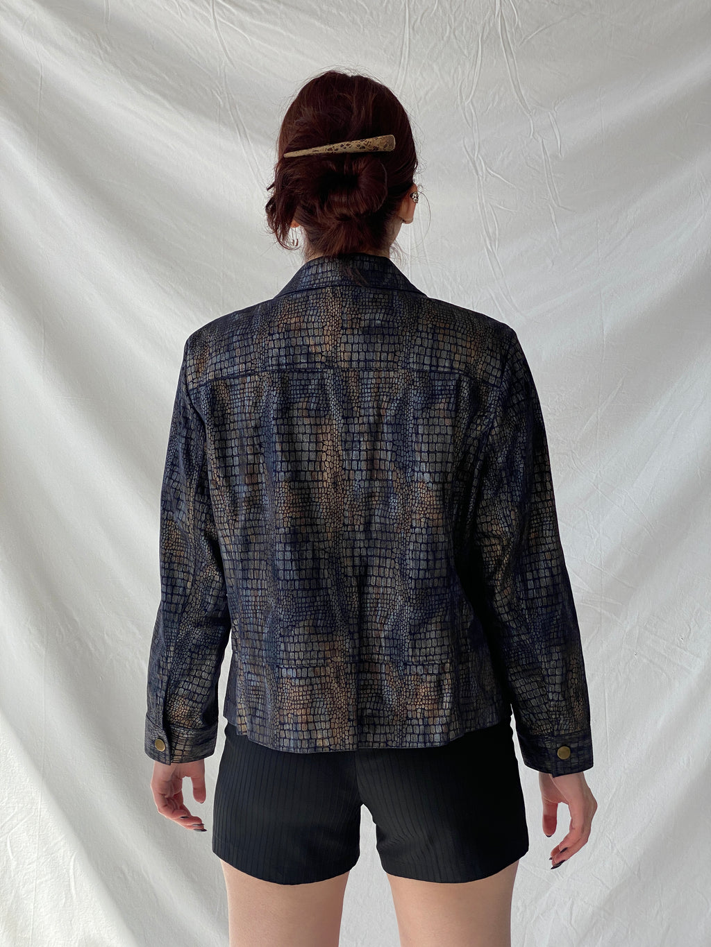 Vintage Bamboo Traders Petite Metallic Denim Snake Print Women’s Buttoned Blazer Jacket - L