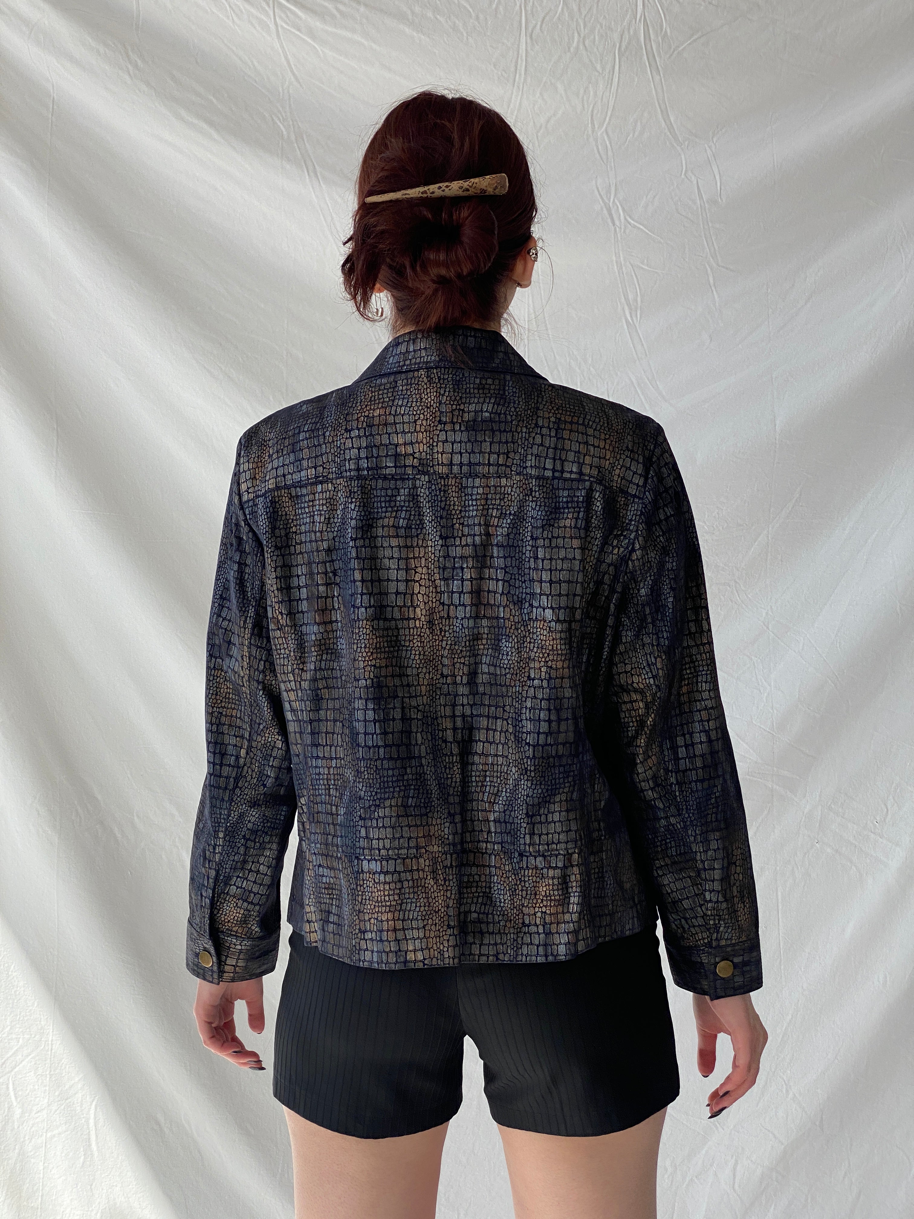 Vintage Bamboo Traders Petite Metallic Denim Snake Print Women’s Buttoned Blazer Jacket - L