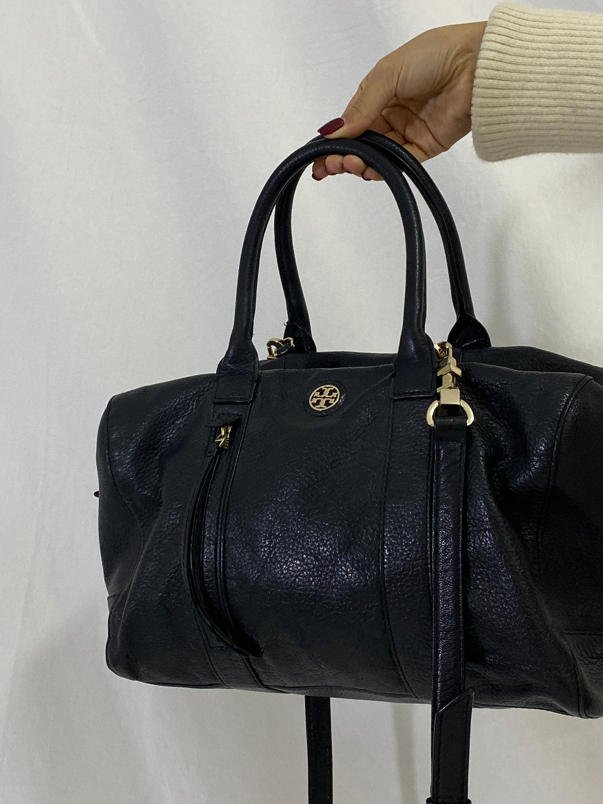 Tory Burch Marion Black Pebbled Leather Satchel Bowler Bag with Gold Hardware Tory Burch Marion Black Pebbled Leather Satchel Bowler Bag with Gold Hardware