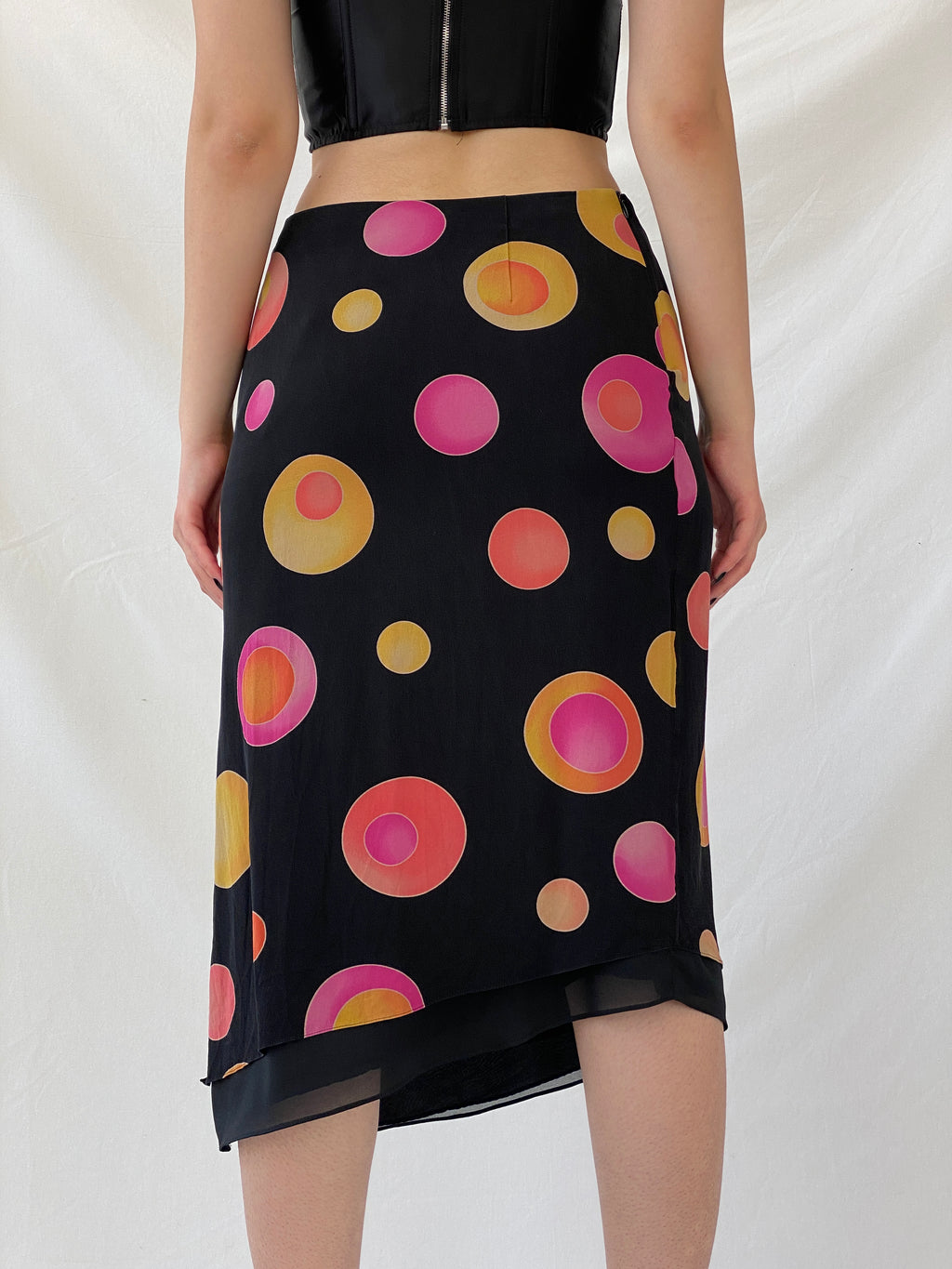 Vintage 1990s Louis Féraud Silk Dot Midi Black Groovy Skirt with Colorful Circles and Side Slits - M