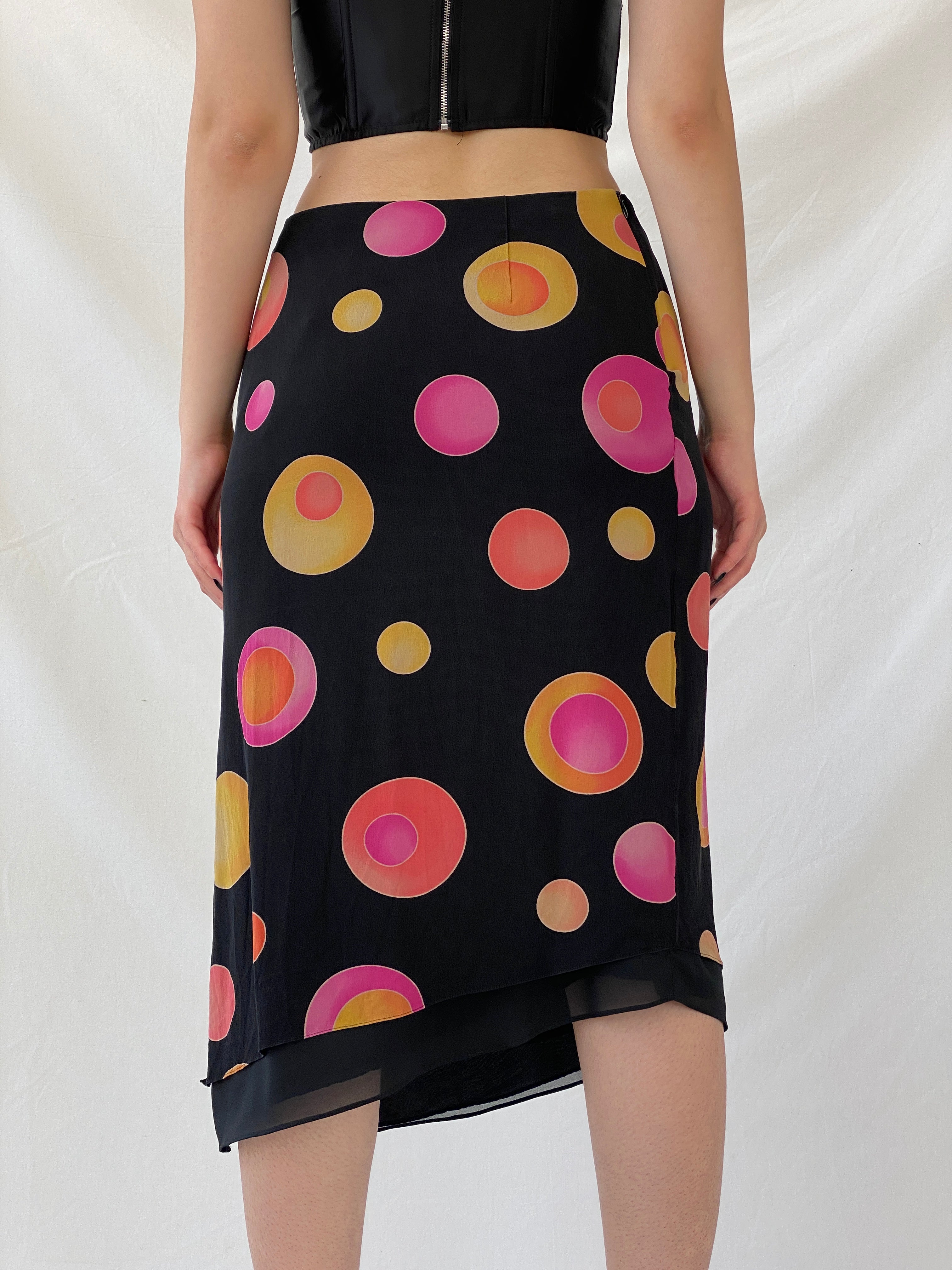 Vintage 1990s Louis Féraud Silk Dot Midi Black Groovy Skirt with Colorful Circles and Side Slits - M