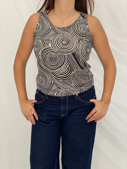 Vintage Y2K Fashion Bug Black & White Swirl Shimmer Sleeveless Top – M