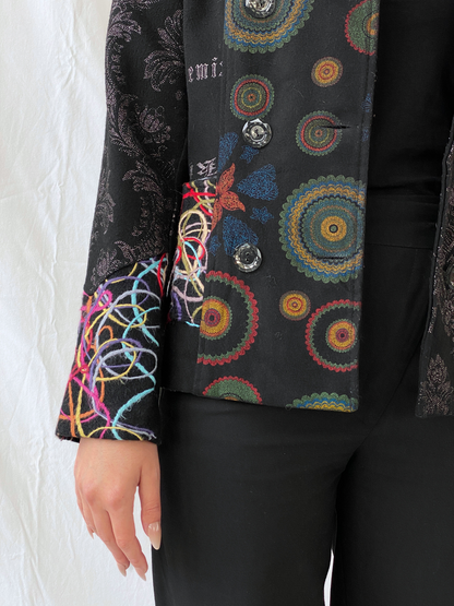 Vintage Boho Embroidered Wool Blend Black Women’s Jacket - M